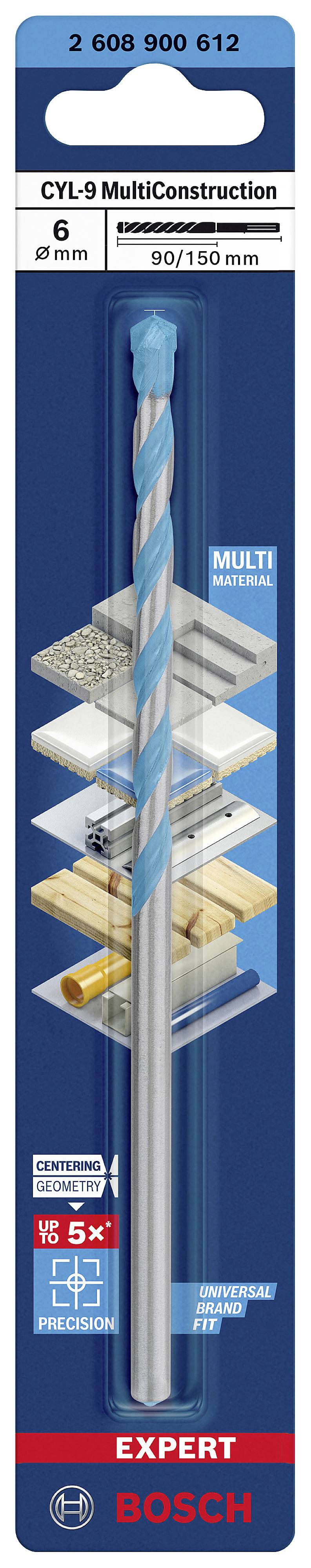 'Foret Bosch CYL-9 MultiConstruction, 6x100/150 mm, idéal pour différents matériaux tels que béton, briques et bois.'
