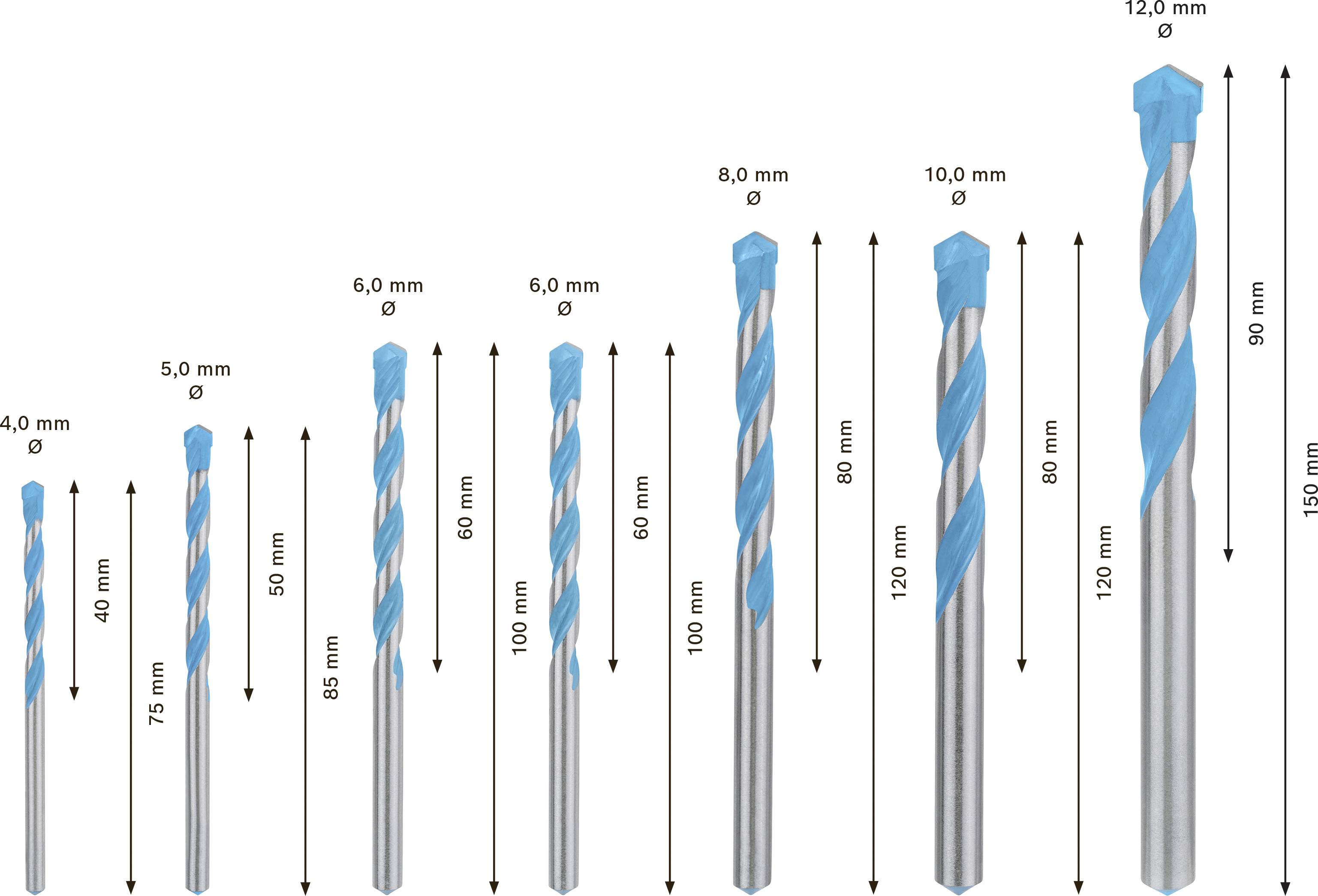 Huit forets de différentes tailles, de 4 mm à 12 mm de diamètre, avec des motifs spiralés bleus. Placés côte à côte pour comparaison des tailles.