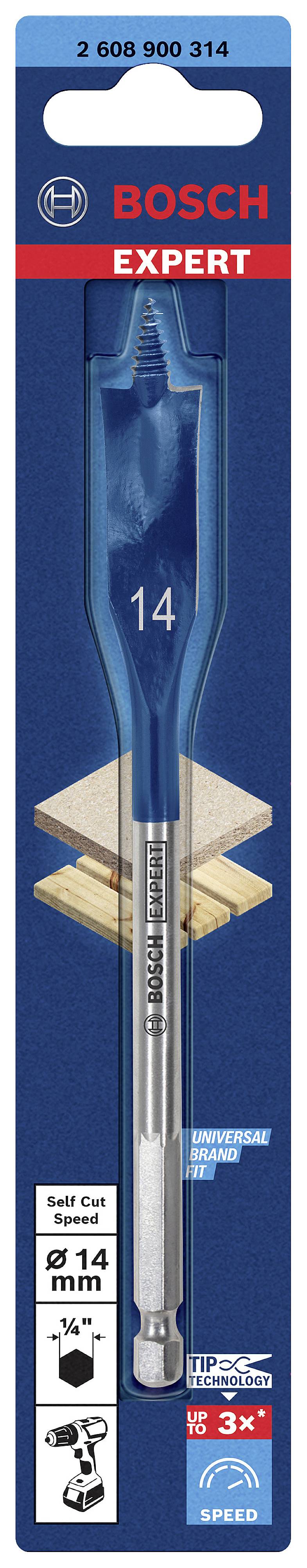 'Bosch Expert' Foret fraise à plat, diamètre de 14 mm, emballé. Adapté pour un perçage rapide dans le bois. Indication de vitesse 3 fois plus rapide.