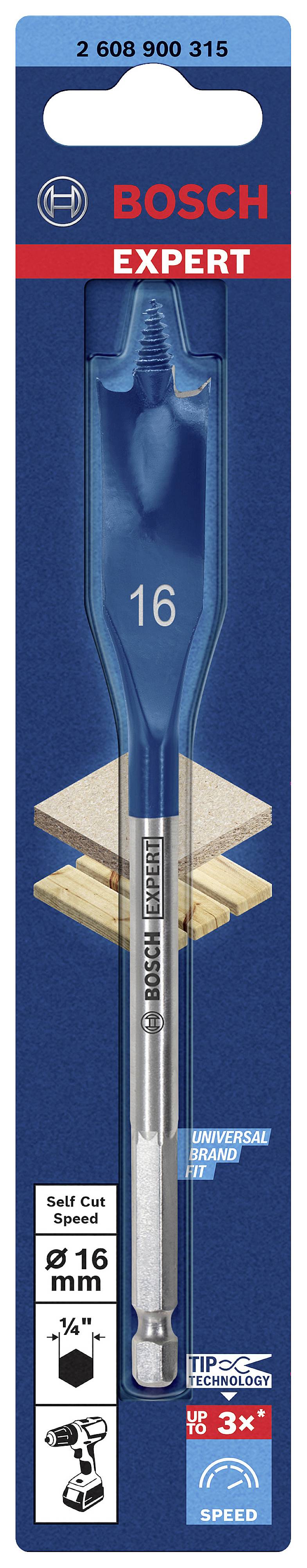 Foret plat Bosch Expert Self Cut Speed en blister, diamètre de 16 mm. Adapté au bois, particulièrement rapide et durable.