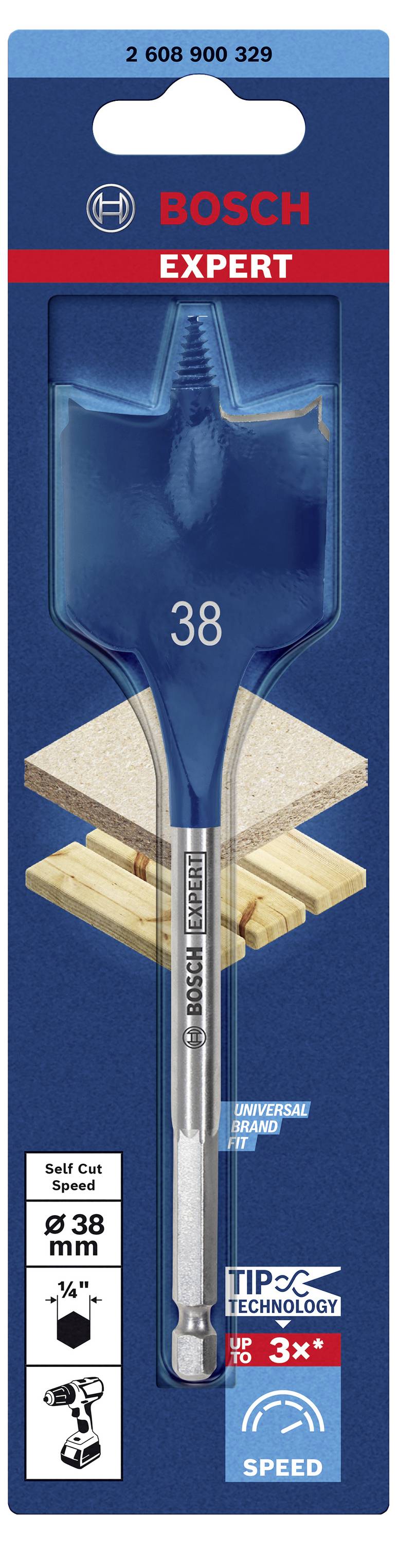 Foret 'Ø 38 mm' dans un emballage avec des éléments rouges et bleus, marque 'Bosch Expert'. Adapté au bois, trois fois plus rapide.