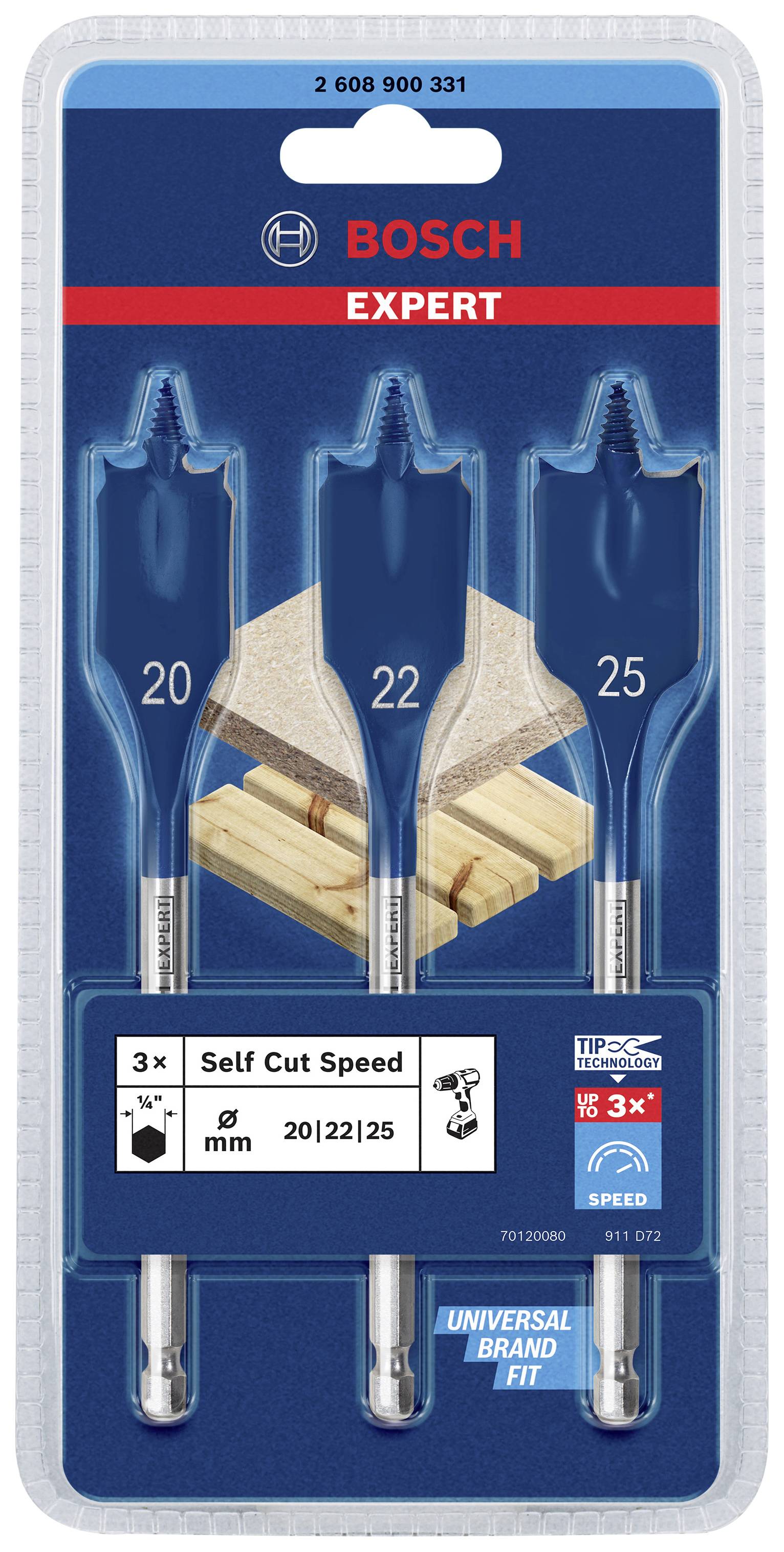 'Trois mèches à bois Bosch Expert dans un emballage. Tailles : 20 mm, 22 mm, 25 mm. Adaptées pour un perçage rapide dans le bois.'