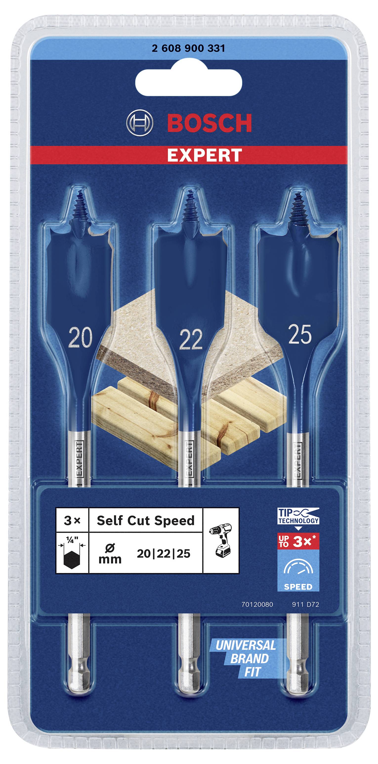 Trois mèches à bois Bosch Expert de 20, 22 et 25 mm, adaptées à différentes applications, présentées sur une carte de présentation.