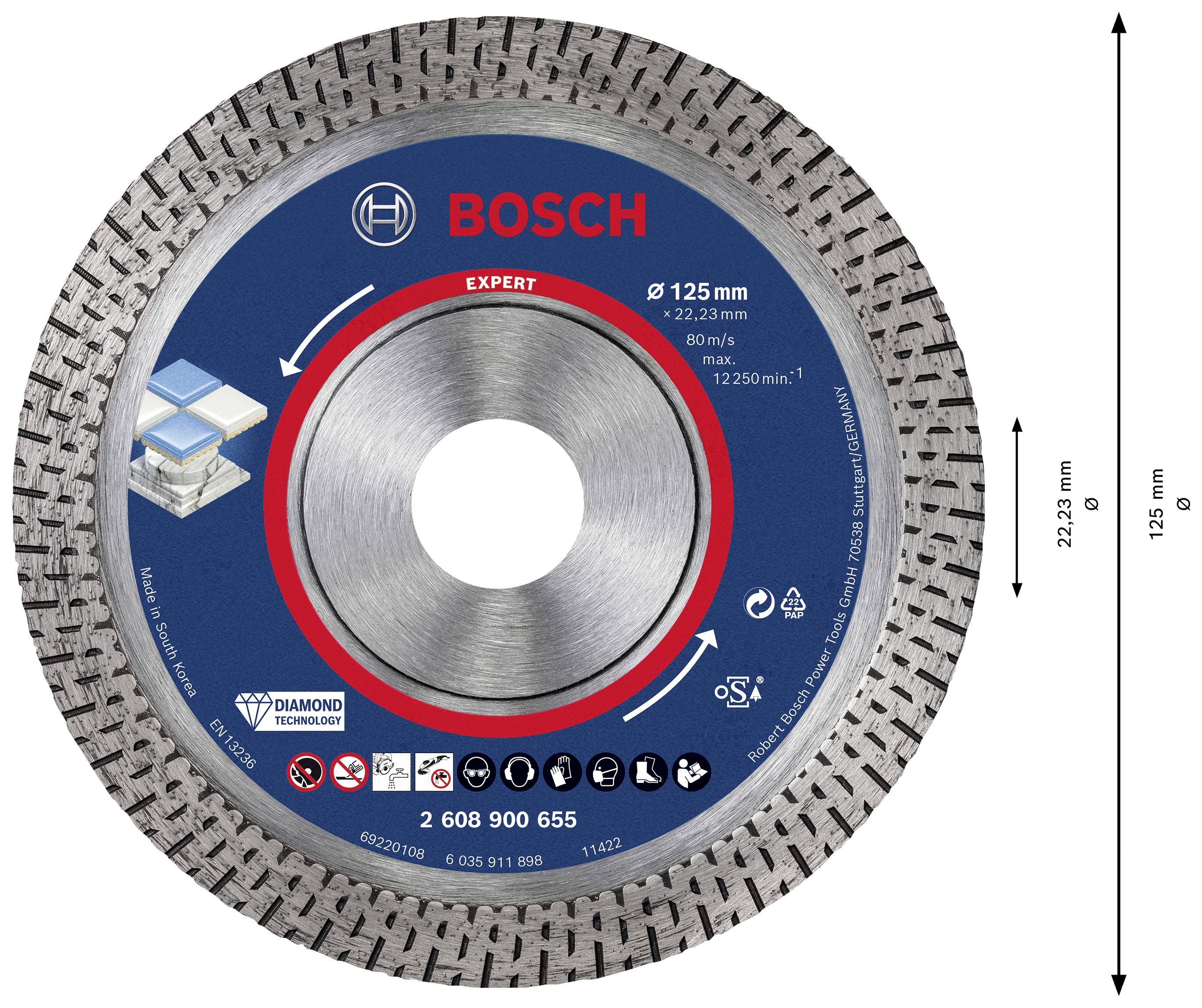 Disque de coupe diamanté 'Bosch Expert', 125 mm. Adapté aux matériaux durs, vitesse 12250 tr/min.