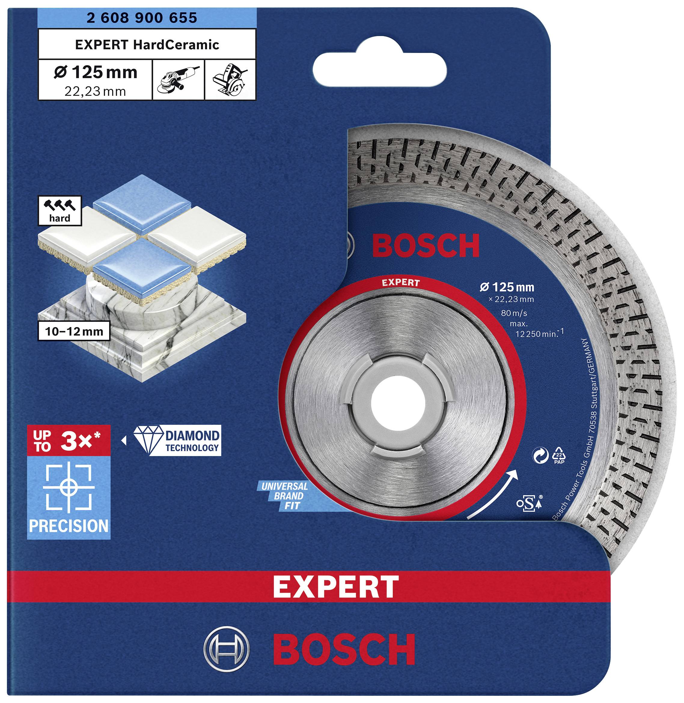 Disque de coupe diamanté Bosch EXPERT pour matériaux durs, diamètre de 125 mm, alésage de 22,23 mm, technologie diamant, haute précision.
