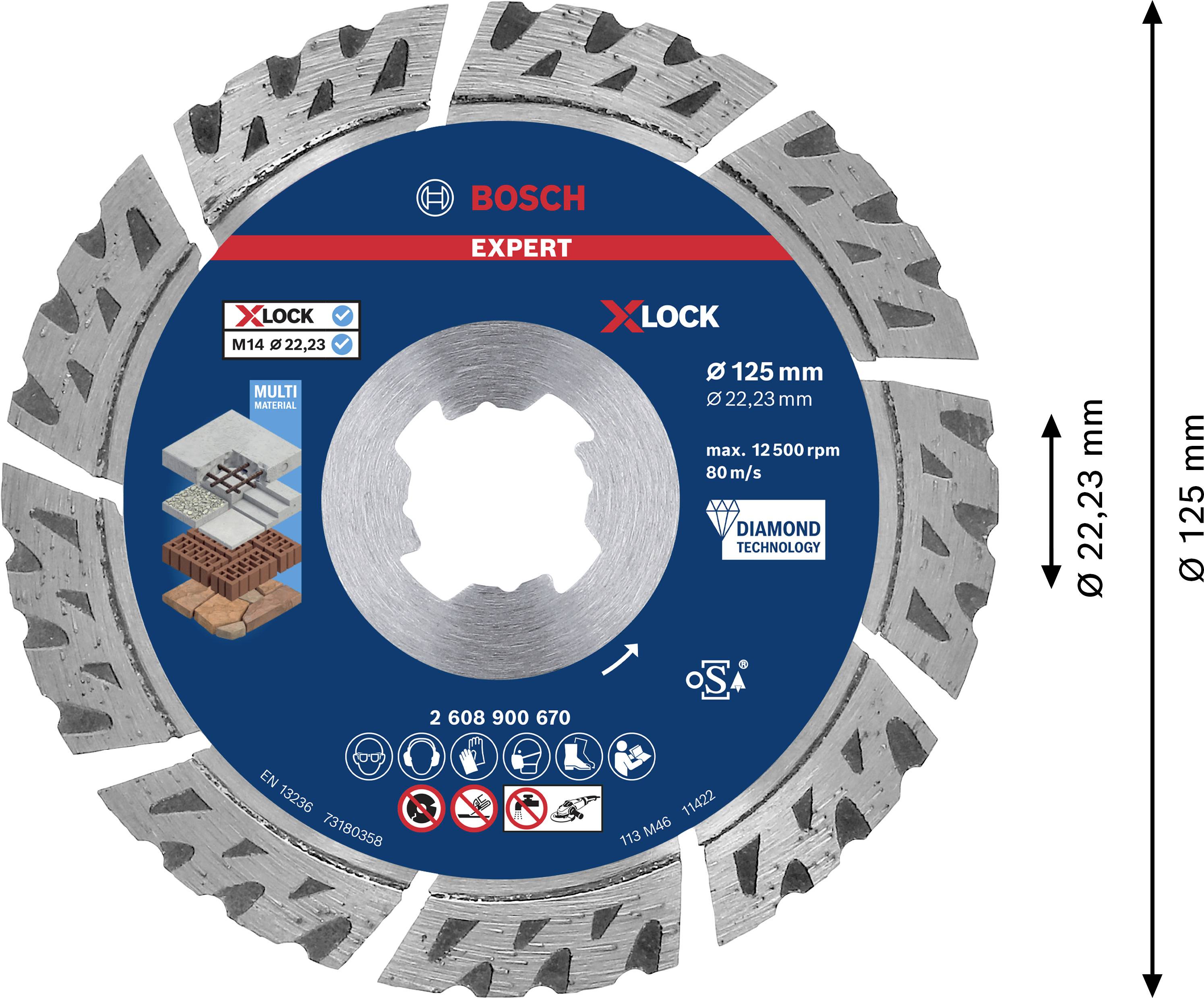 Disque de meulage de 125 mm de diamètre, adapté pour béton et brique. Maximum 12 500 tr/min, 80 m/s. Technologie 'Bosch Expert' et 'X-Lock'.