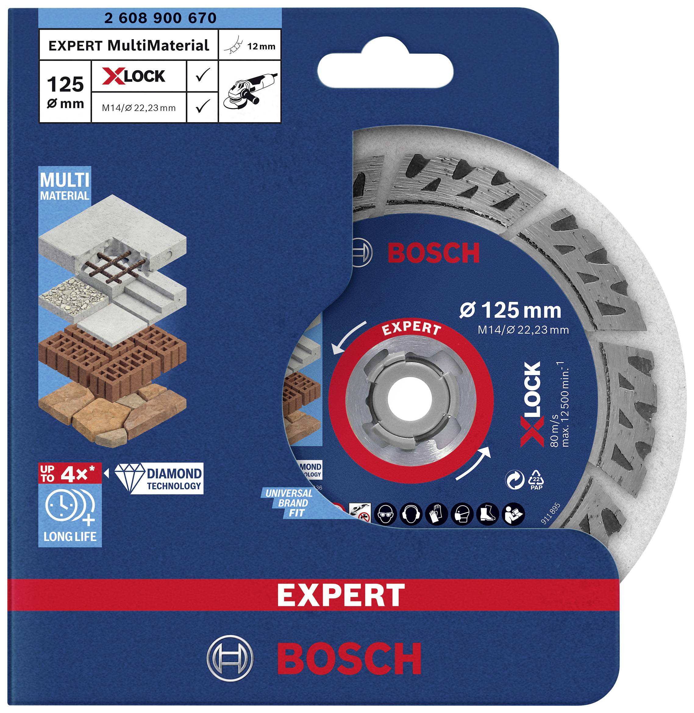 Disque à tronçonner Bosch XPERT Multimatériaux, adapté pour le métal, la brique, le béton. Diamètre 125 mm, système X-LOCK, haute durabilité.