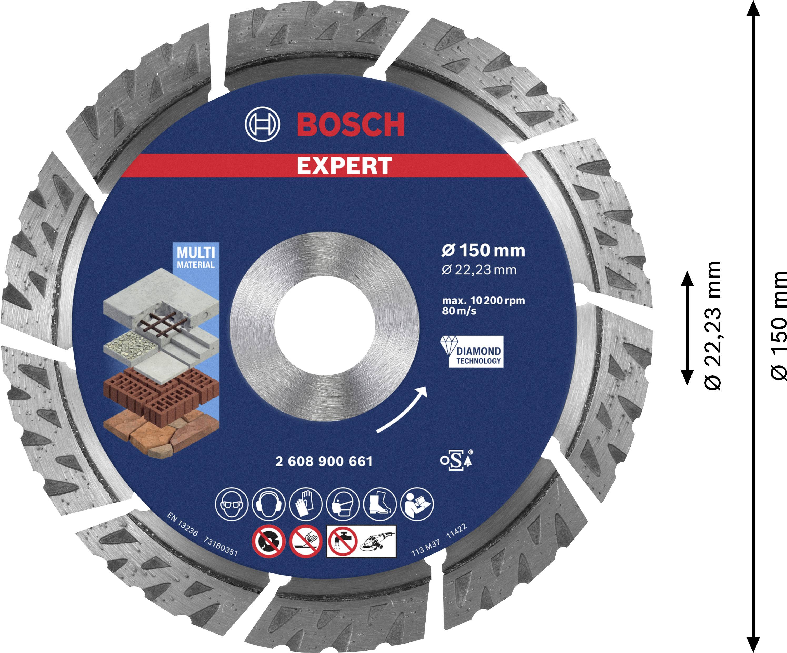 Lame de scie Bosch Expert, 150 mm de diamètre, adaptée aux multi-matériaux. Affiche des symboles pour béton, brique, pierre et plus.