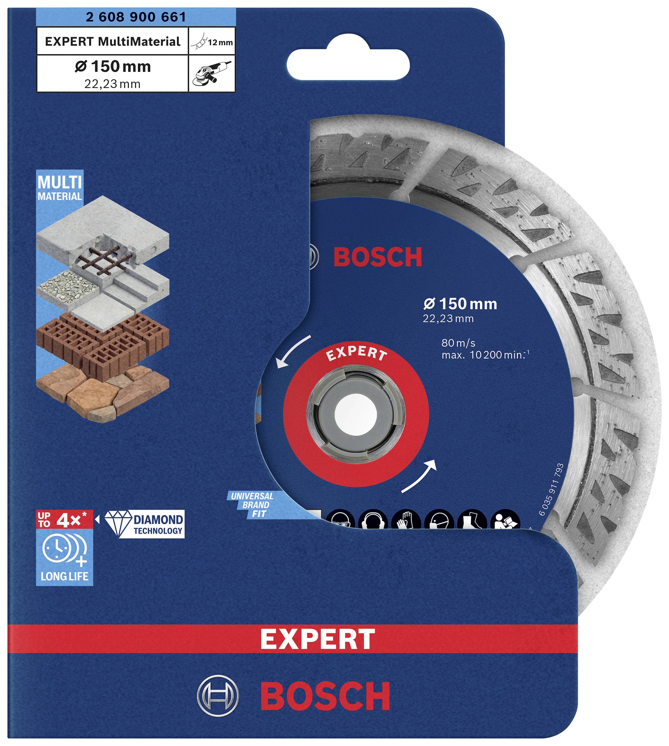 Disque de coupe 'Bosch Expert' pour multi-matériaux de 150 mm de diamètre, adapté aux briques, pierre, bois et métal ; technologie diamant.