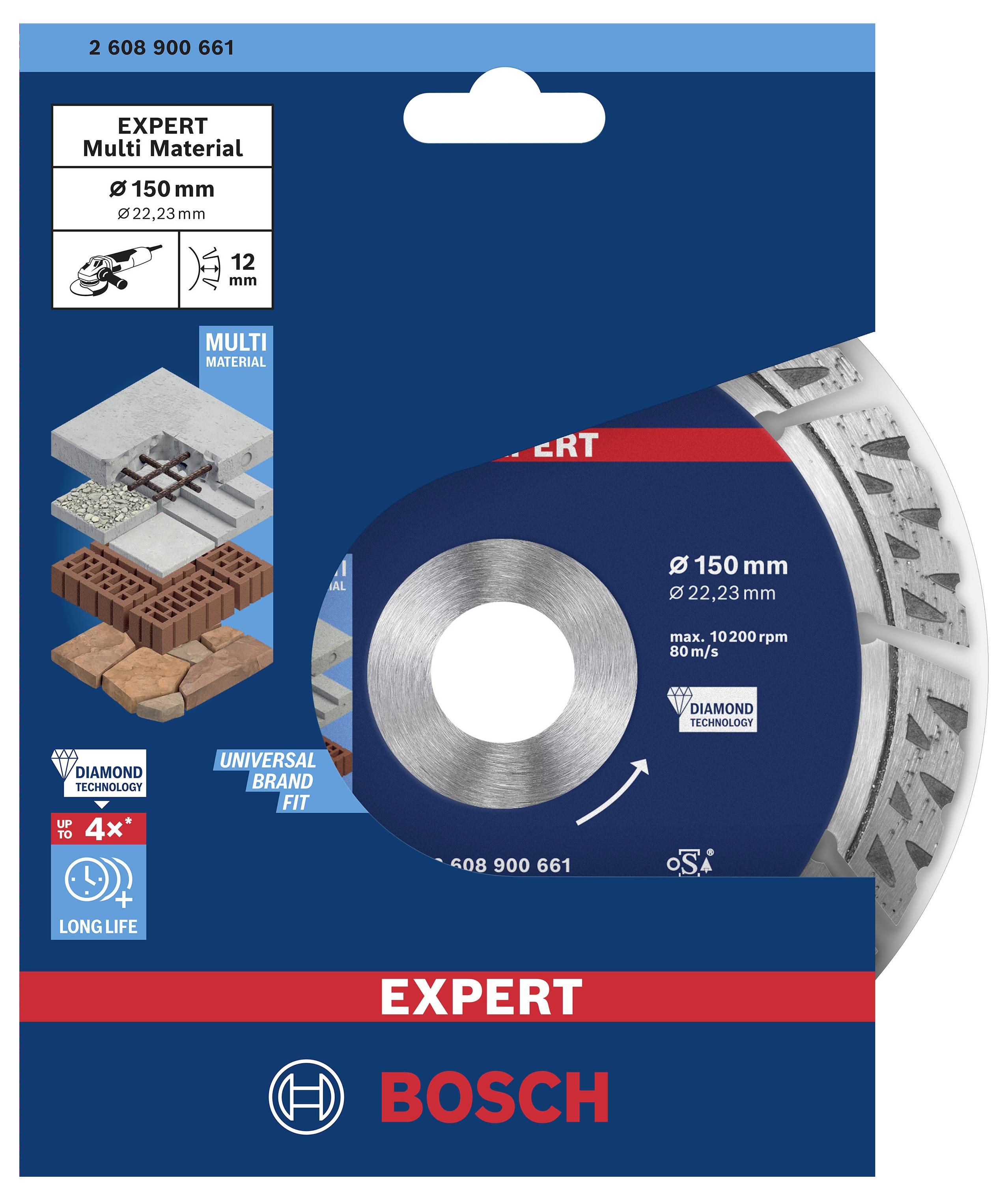 Emballage d'un disque à tronçonner Bosch pour multi-matériaux, diamètre 150 mm, avec illustration du produit et exemples de matériaux.
