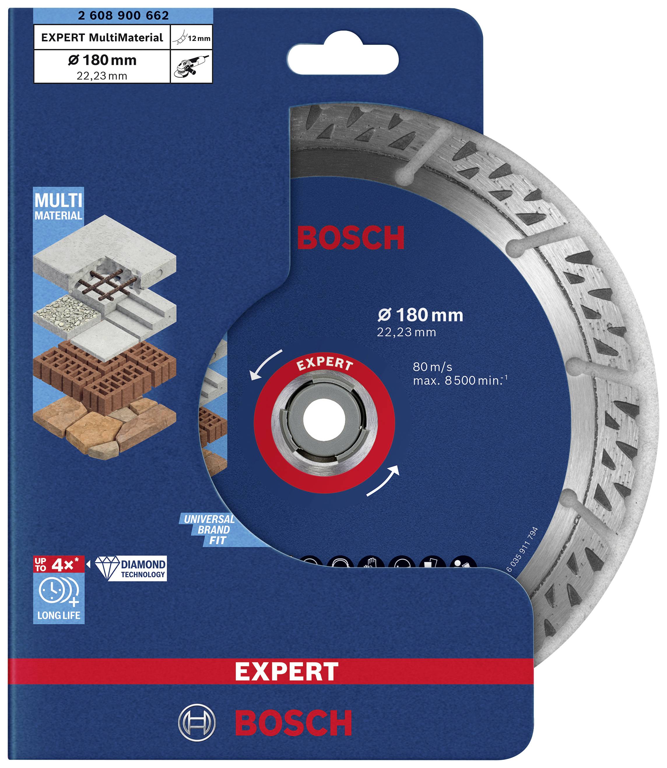 Disque de coupe diamanté Bosch pour meuleuse d'angle, 180 mm, spécialement adapté aux multi-matériaux tels que briques, béton et pierre.