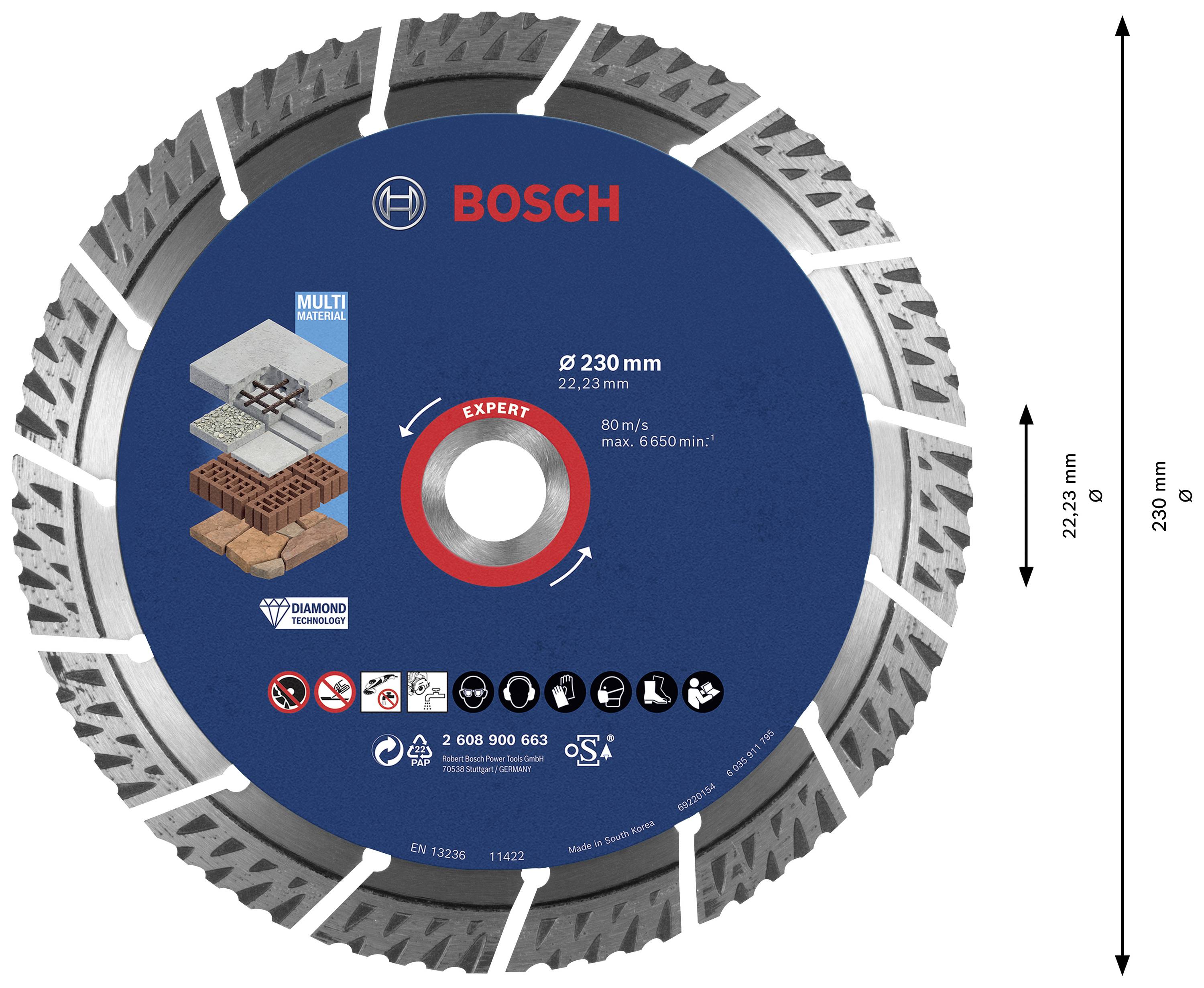 Lame de scie circulaire Bosch, diamètre 230 mm, adaptée au béton, briques et pierre naturelle. Marquée 'Expert' avec un code couleur bleu.