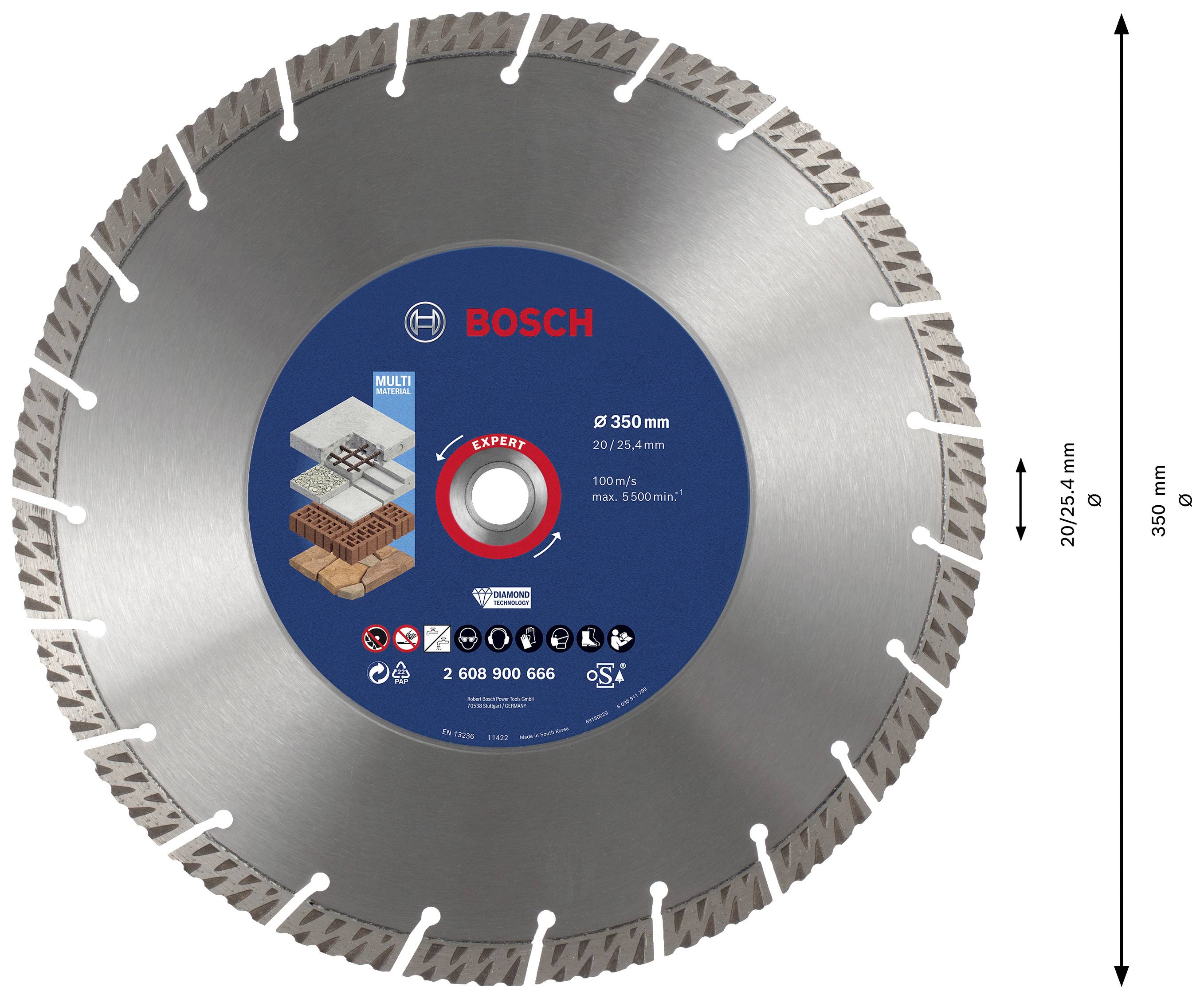 'Lame de scie pour applications de construction, logo Bosch au centre. Diamètre : 350 mm, profondeur de coupe : 20/25,4 mm. Adaptée pour le béton et la brique.'