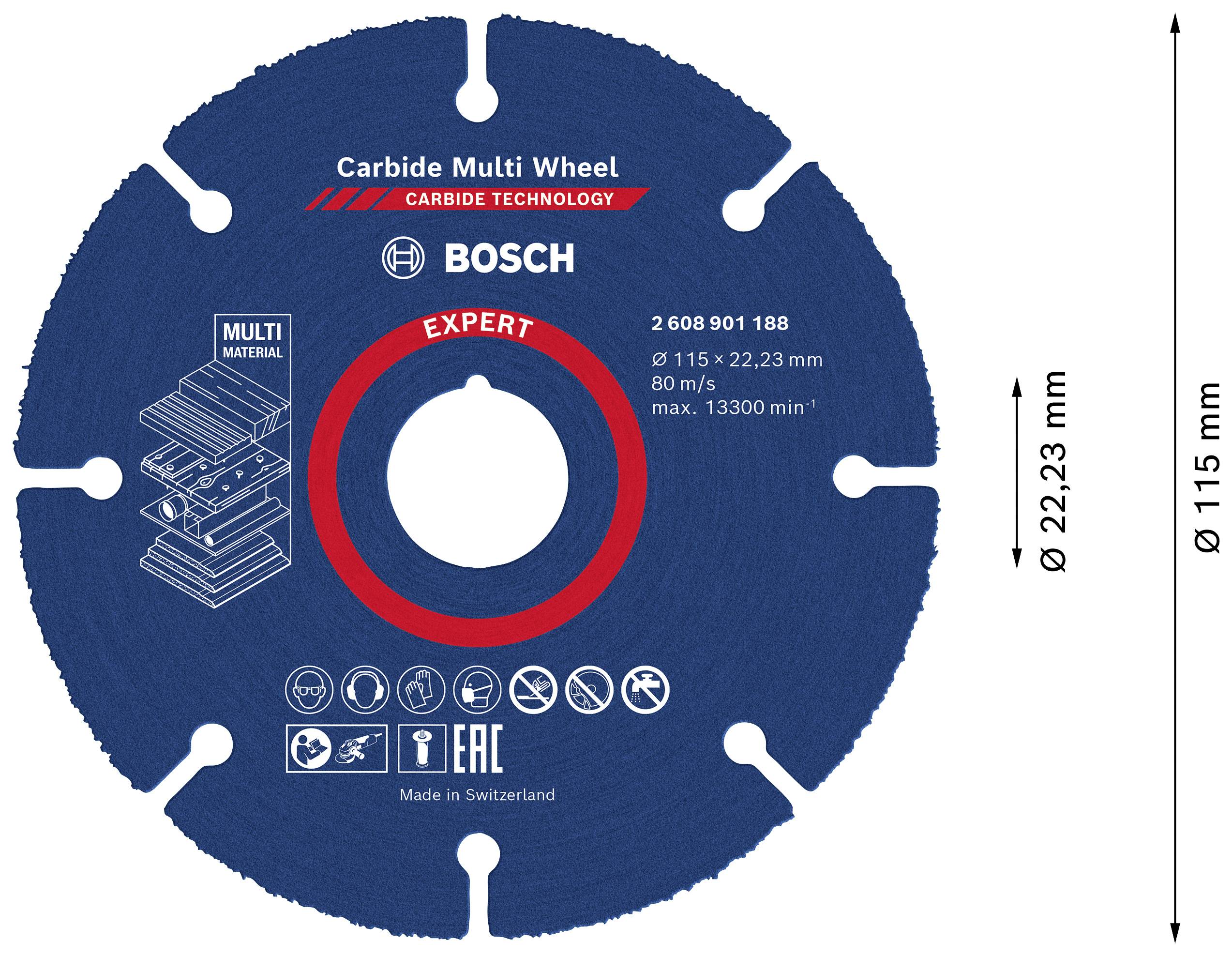 Disque à tronçonner Bosch 'Carbide Multi Wheel', diamètre 115 mm, profondeur de coupe 22,23 mm, adapté pour multi-matériaux, fabriqué en Suisse.