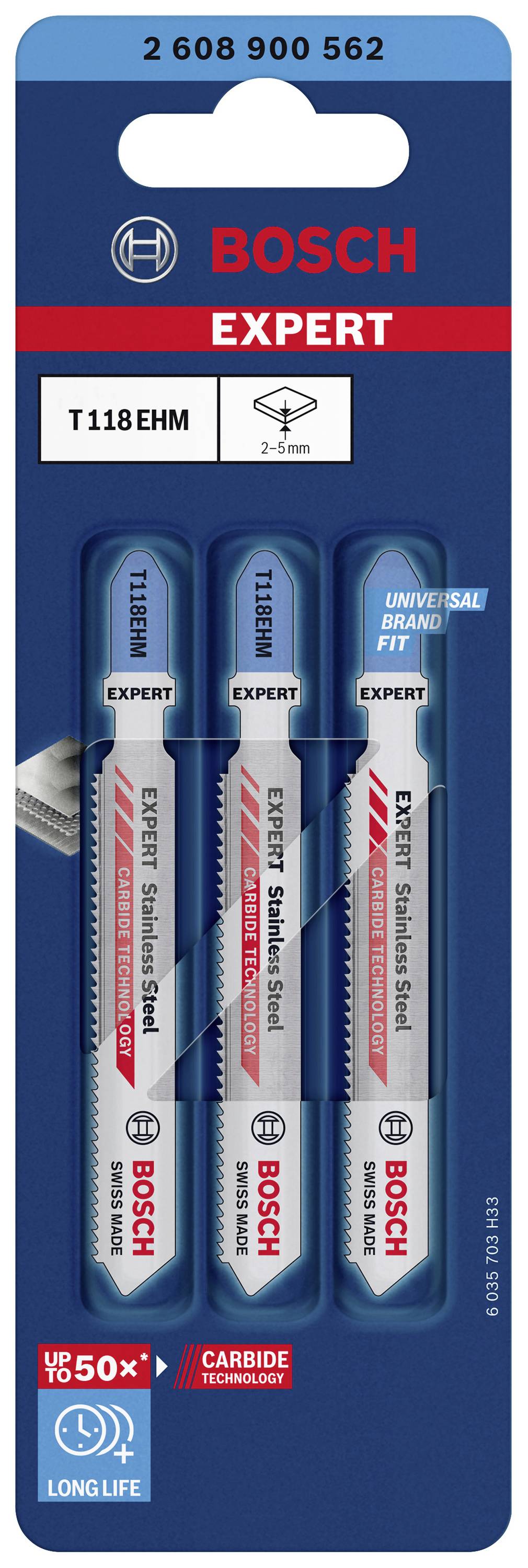 Emballage contenant trois lames de scie sauteuse Bosch Expert pour métal, modèle T 118 EHM, à durée de vie prolongée et technologie au carbure.