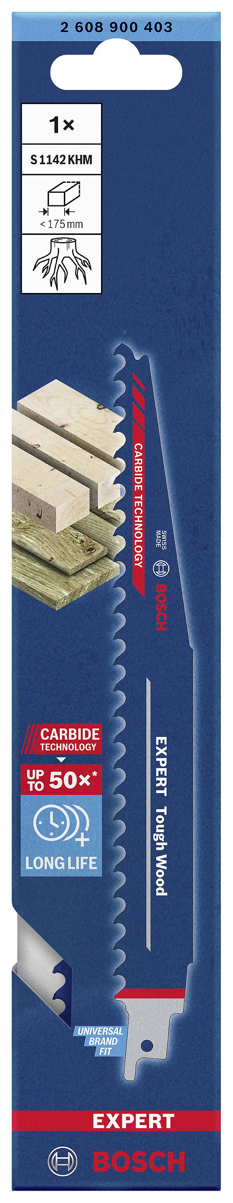 Emballage d'une lame de scie Bosch Expert avec technologie au carbure, adaptée aux travaux sur bois ; promet une durée de vie 50 fois supérieure.