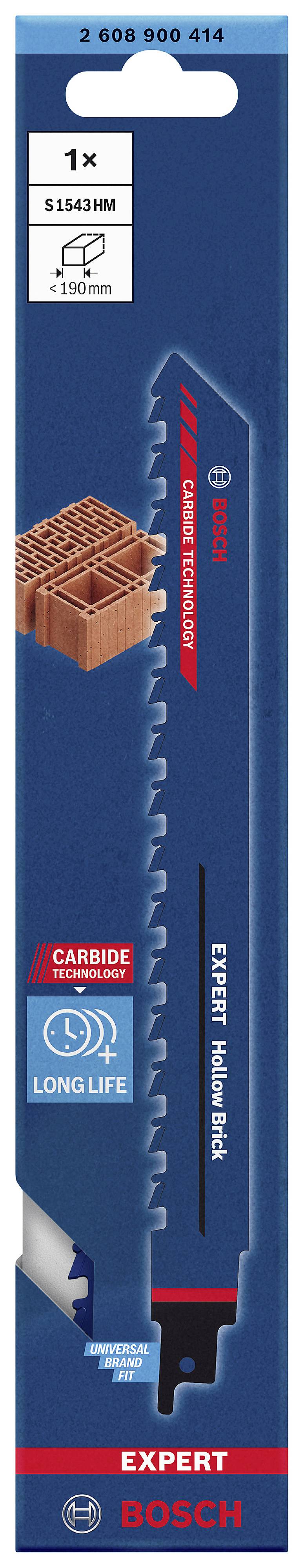 Lame de scie sabre Bosch Expert S1543HM. Développée pour une longue durée de vie et la démolition de matériaux abrasifs tels que les briques.