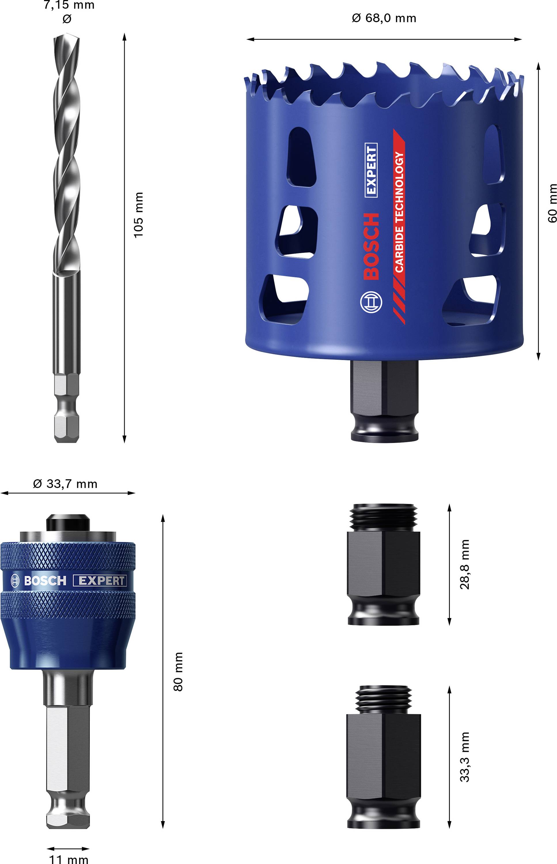 Forets et accessoires : Un foret hélicoïdal, une scie-cloche bleue (Ø 68,0 mm), un adaptateur bleu (33,7 mm), deux adaptateurs noirs (60 mm et 58,3 mm).
