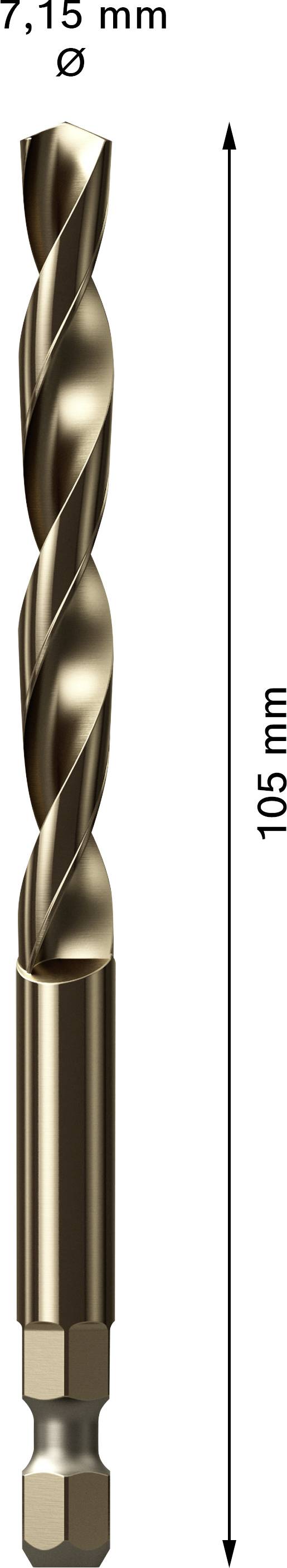 'Foret en métal, diamètre 7,15 mm, longueur 105 mm.'