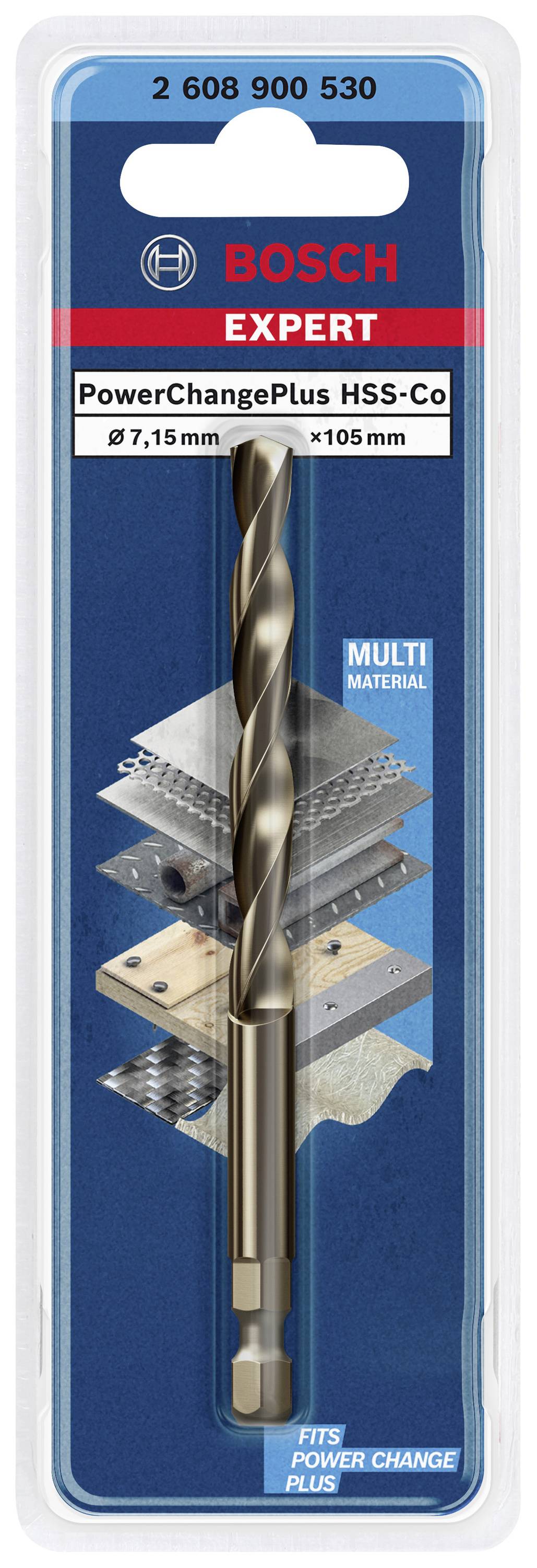 Foret Bosch Expert PowerChange Plus HSS-Co, diamètre 7,15 mm, longueur 105 mm, adapté pour les perçages multi-matériaux.