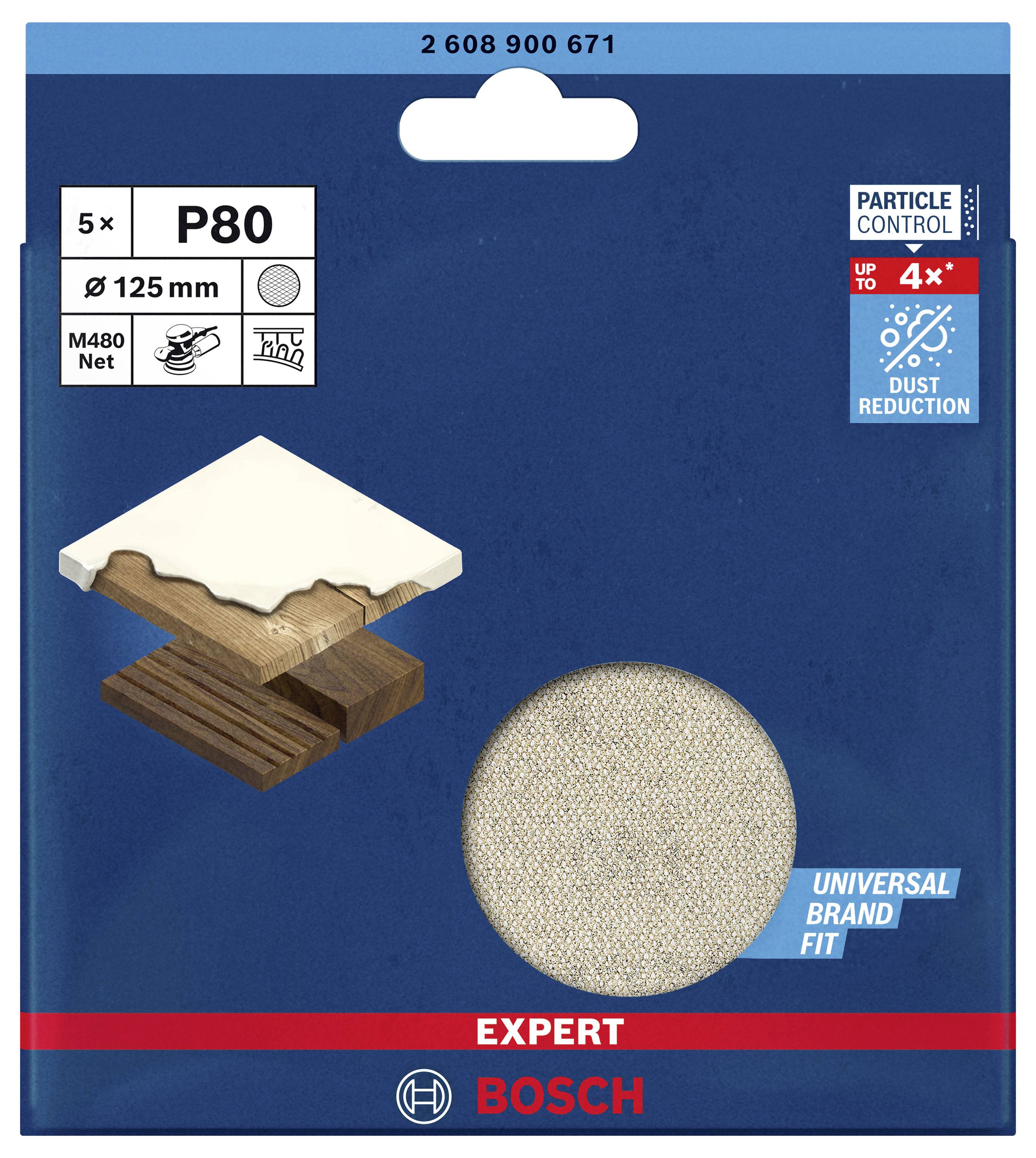 Emballage de disques de ponçage Bosch, grain 80, adaptés au bois. Contient cinq pièces de 125 mm de diamètre. Réduction de la poussière jusqu'à 4 fois.