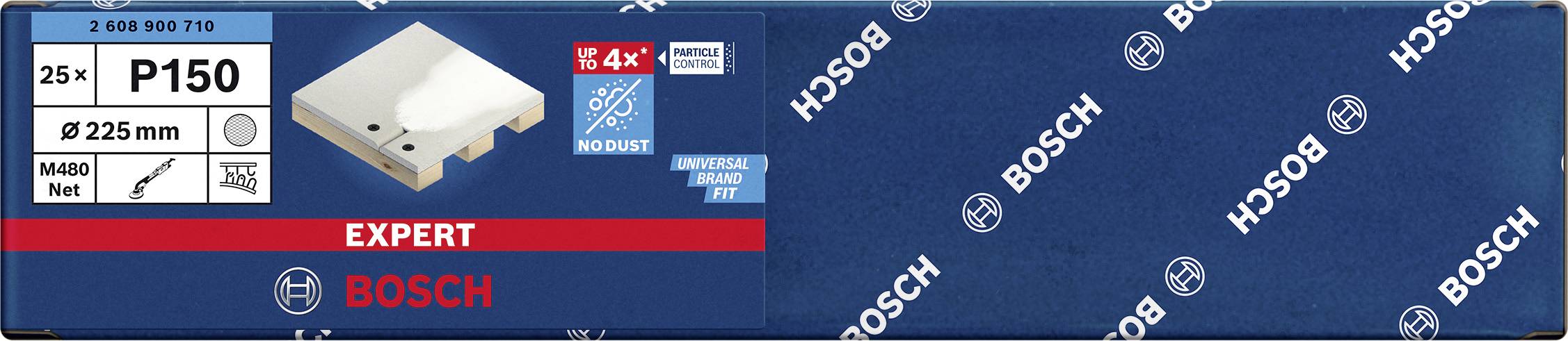 Emballage d'un disque abrasif Bosch au grain P150, adapté pour un modèle 'Expert'. Contient 25 pièces.