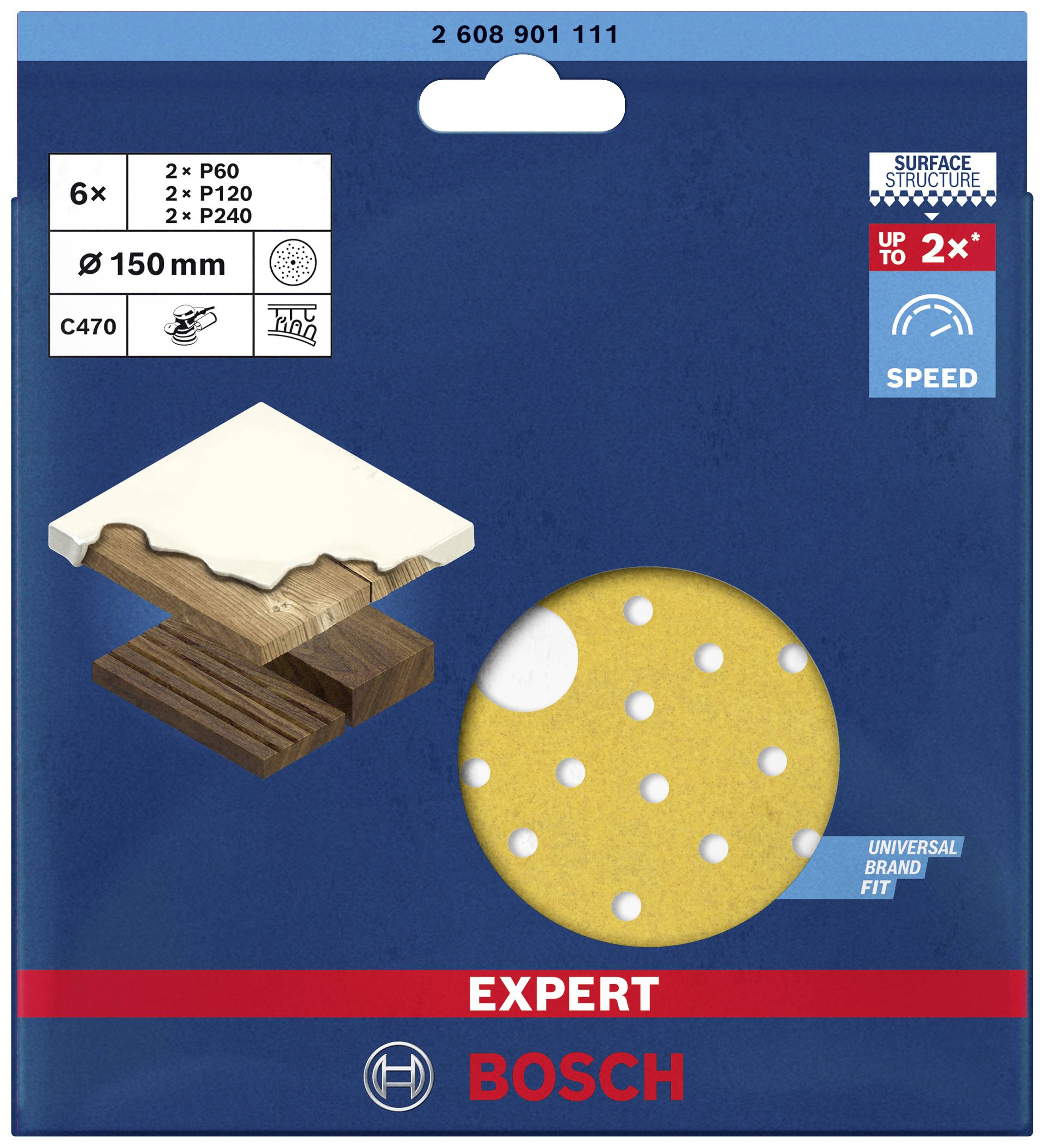 'Bosch Expert Papier de verre, 150 mm, lot de 6. Contient des grains P60, P120, P240. Adapté au bois, performance de ponçage rapide.'