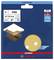 Emballage de cinq feuilles abrasives de grain P80, diamètre 125 mm. Adaptées pour le bois et le métal. Marque : Bosch.