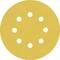 Un disque abrasif rond et jaune avec huit trous, utilisé pour les travaux de ponçage et la finition de surfaces.