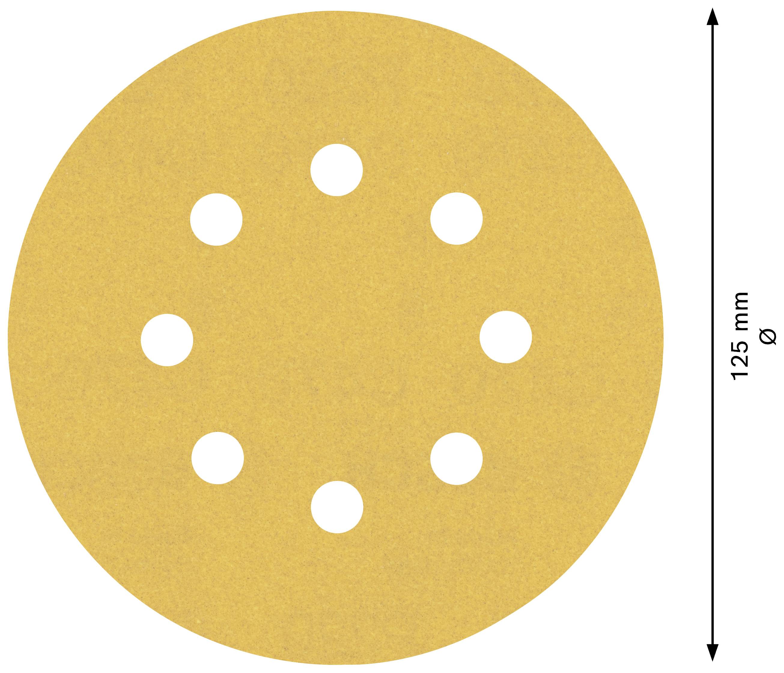 Un disque de ponçage rond, jaune, avec neuf trous et un diamètre de 125 mm.