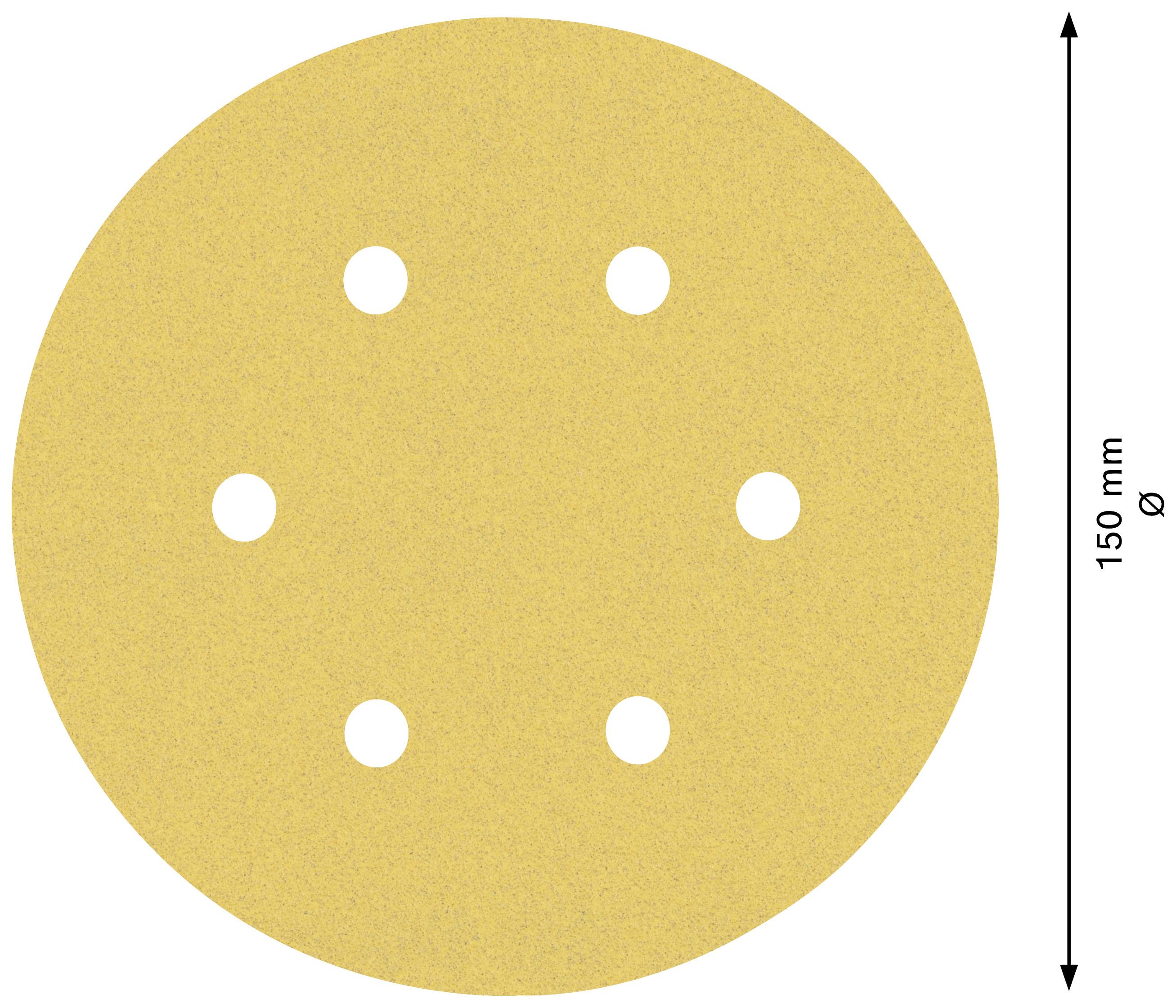 Disque de ponçage rond, jaune, d'un diamètre de 150 mm avec six trous symétriques.