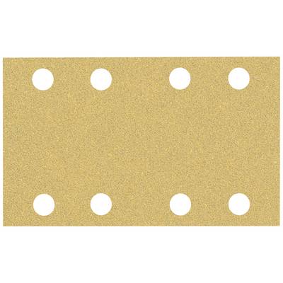 Un papier de verre rectangulaire avec huit trous ronds répartis uniformément. Couleur : or-brun.