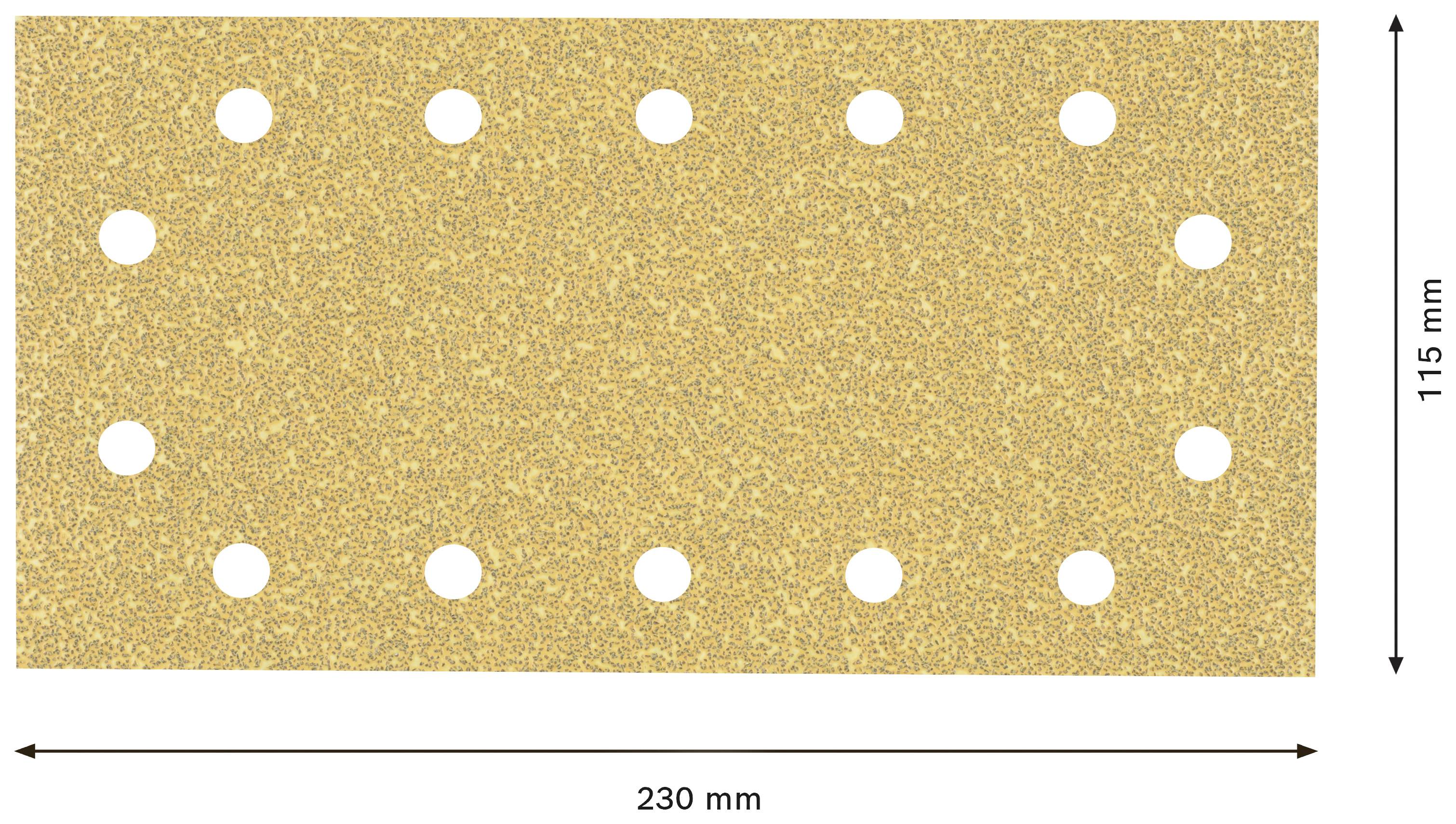 Papier de verre rectangulaire, 230 mm x 115 mm, avec des rangées de trous ronds le long des bords.