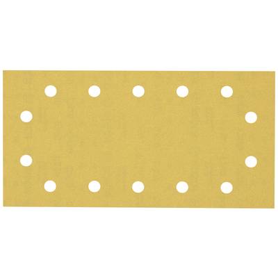 Un papier de verre rectangulaire jaune avec un arrangement régulier de trous sur le bord.
