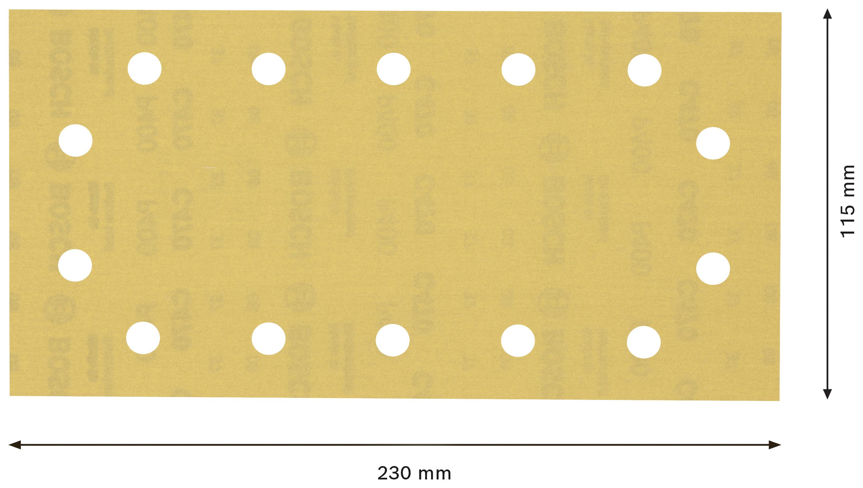 Un papier de verre rectangulaire de dimensions 230 mm x 115 mm, comportant 14 trous symétriques pour l'aspiration de la poussière.