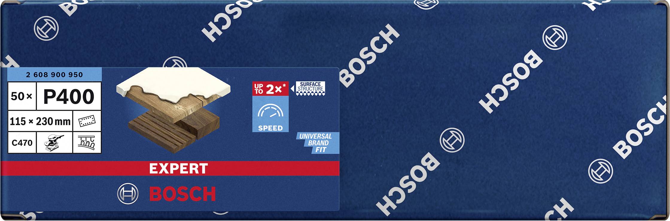 Emballage bleu et blanc de Bosch portant l'inscription 'EXPERT'. Contient du papier de verre P400 pour le bois, une image Speed-2x et un symbole Universal-Fit.
