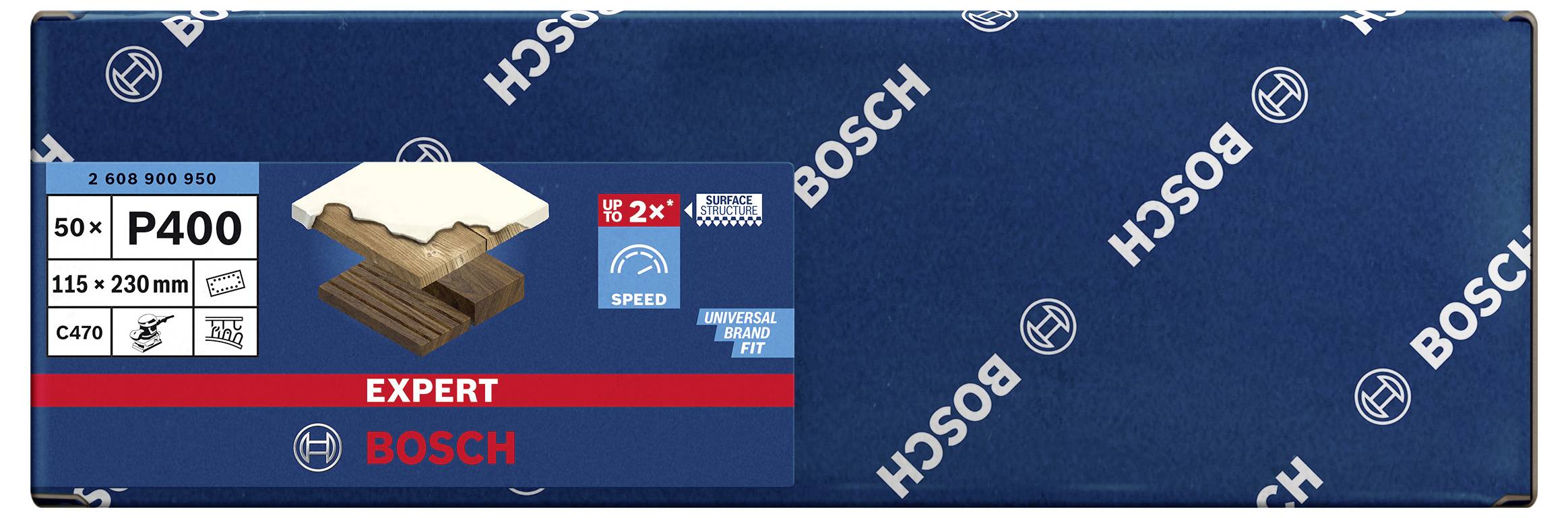 Set de papier de verre Bosch, 50 feuilles, grain P400, adapté aux surfaces en bois et en métal, taux d'enlèvement rapide, adaptabilité universelle.