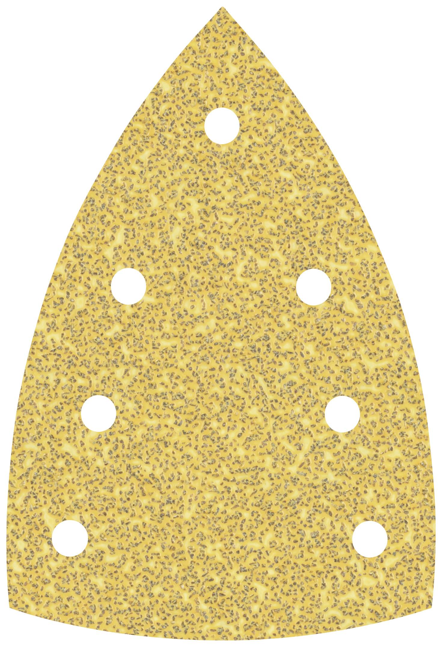 Un support de papier abrasif jaune, triangulaire, avec six trous ronds.