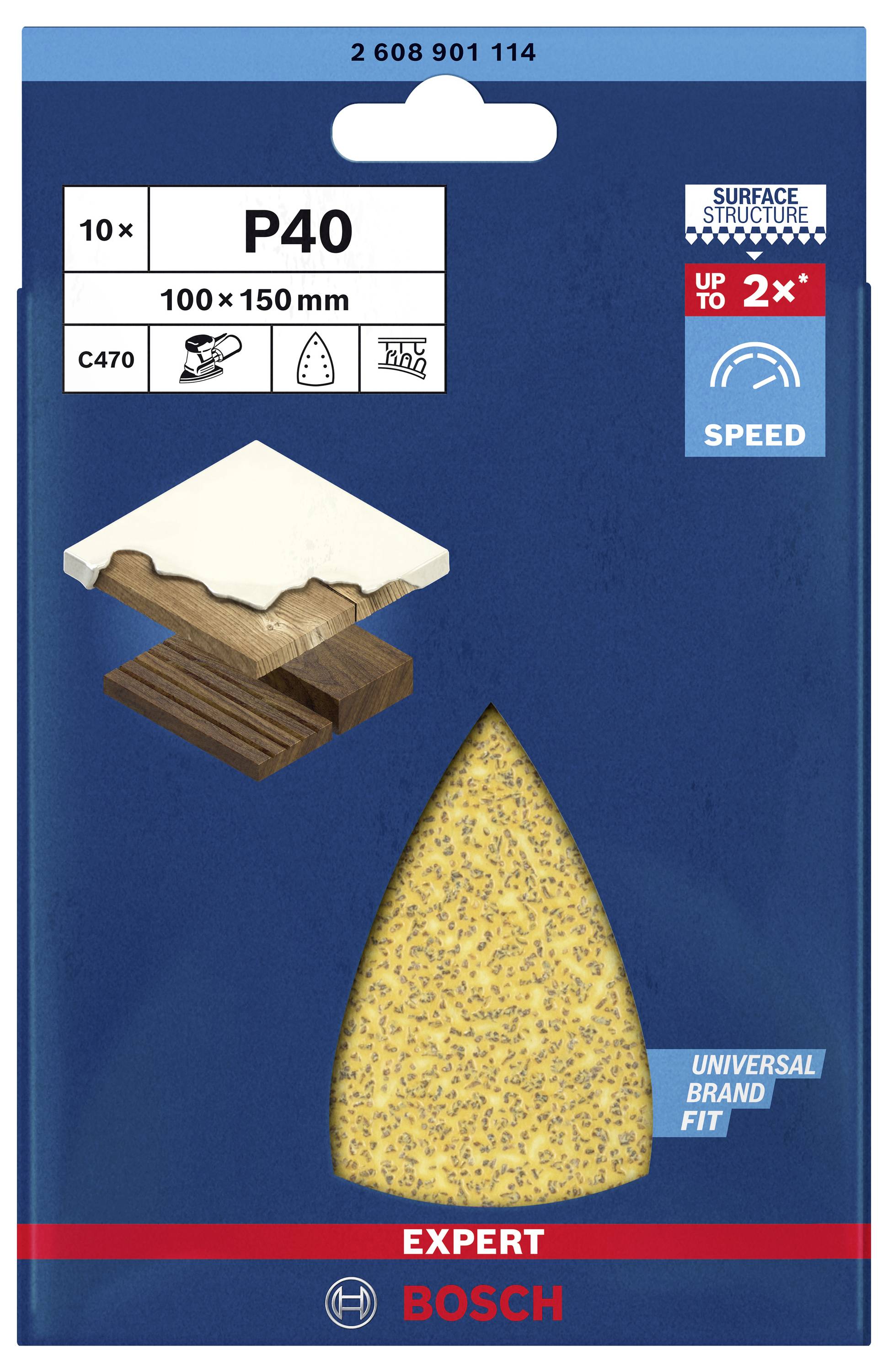 Ensemble de papier de verre Bosch, grain P40, adapté au bois ; l'emballage présente une illustration de l'application sur des surfaces en bois.