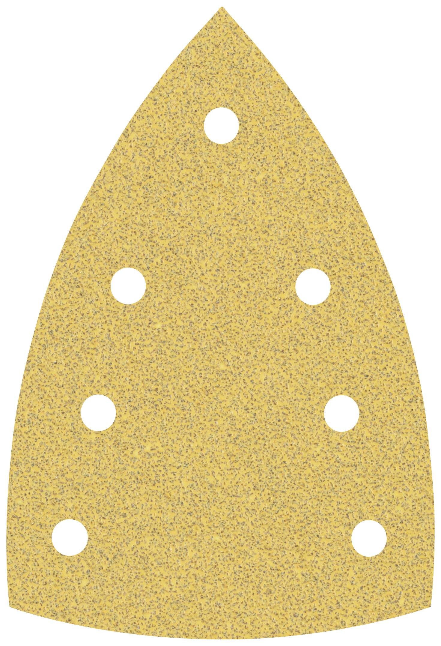 Feuille abrasive triangulaire avec six trous, adaptée aux ponceuses manuelles. Papier de verre aspect granit, typique des travaux de ponçage.