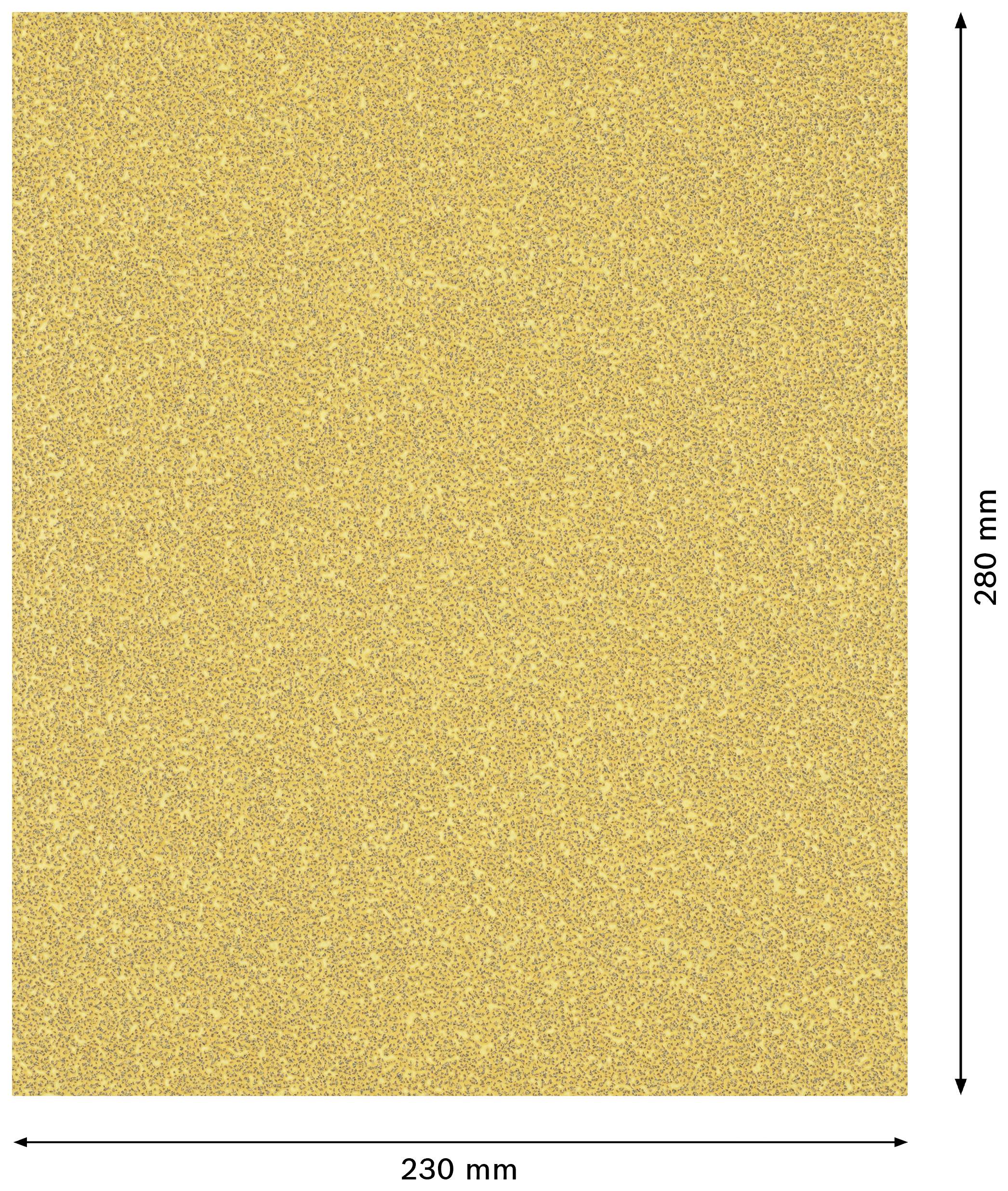 Feuille de papier de verre, couleur or, rectangulaire, dimensions 230 mm x 280 mm, avec des flèches indiquant la largeur et la hauteur.