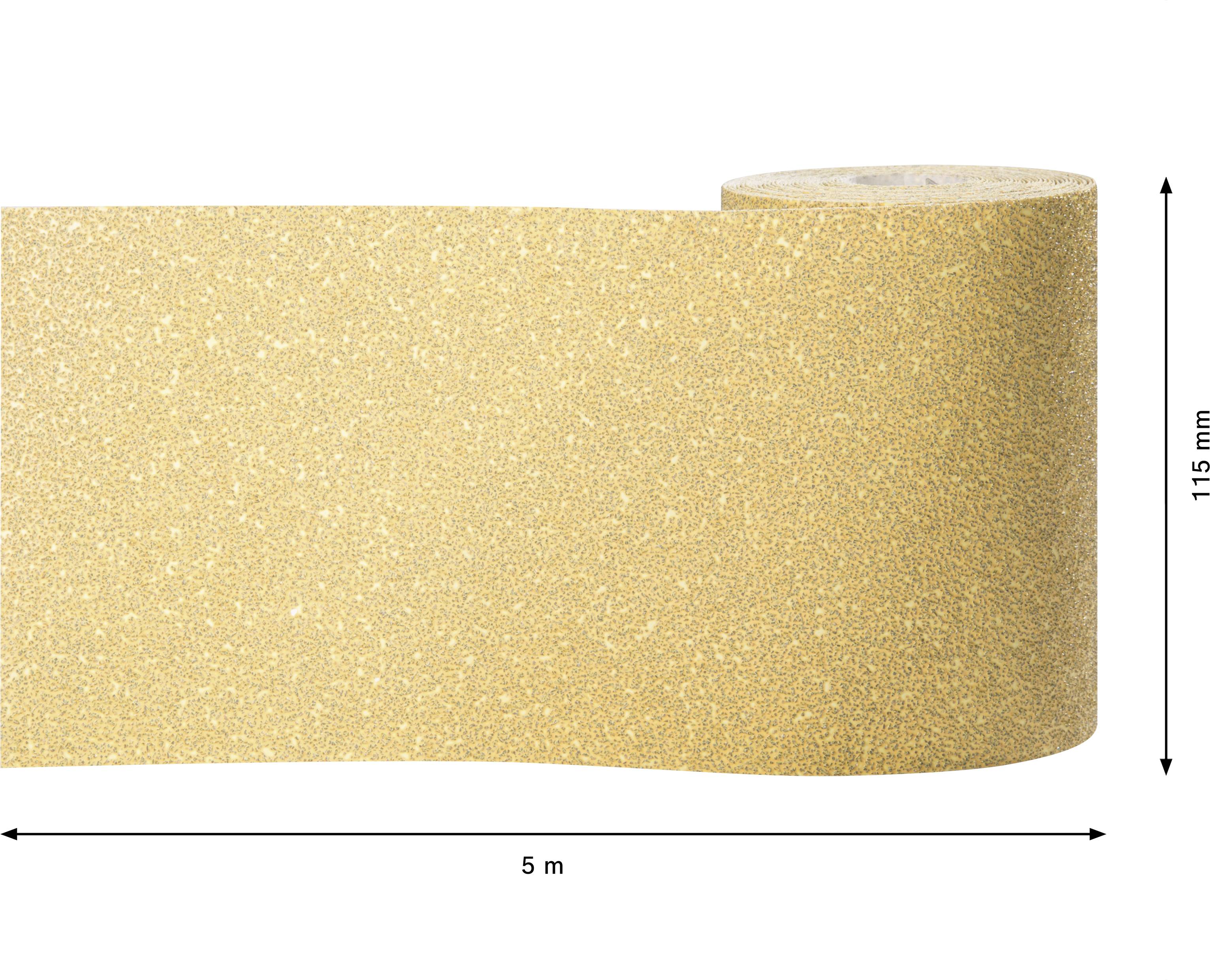 Un rouleau de papier de verre de 5 mètres de long et 115 millimètres de large, de couleur beige.