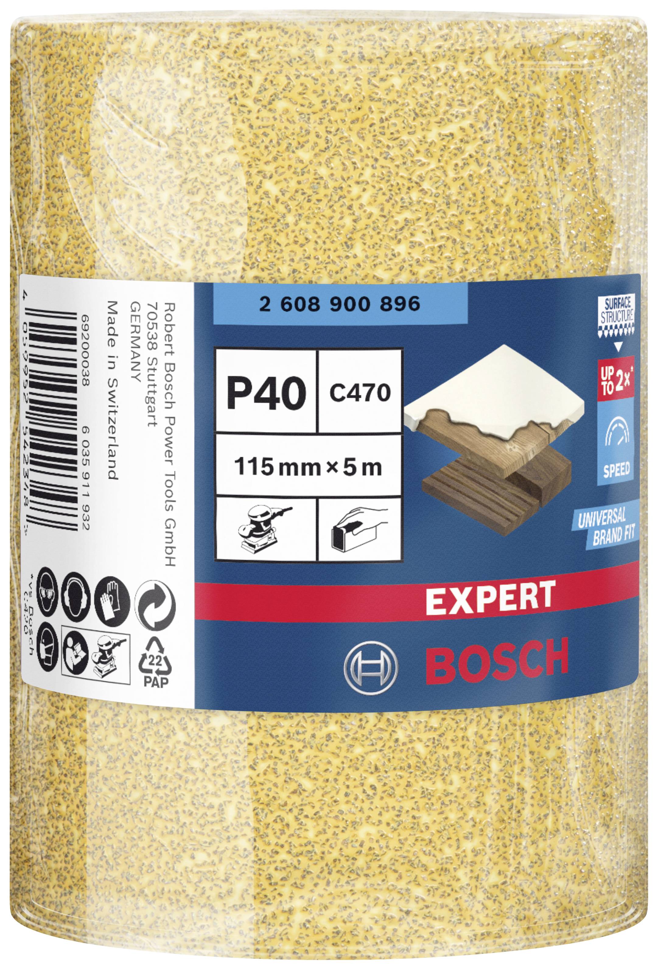 Rouleau de papier de verre Bosch 'EXPERT', grain P40, dimensions 115 mm x 5 m. Adapté pour poncer le bois et la laque, fabriqué en Suisse.