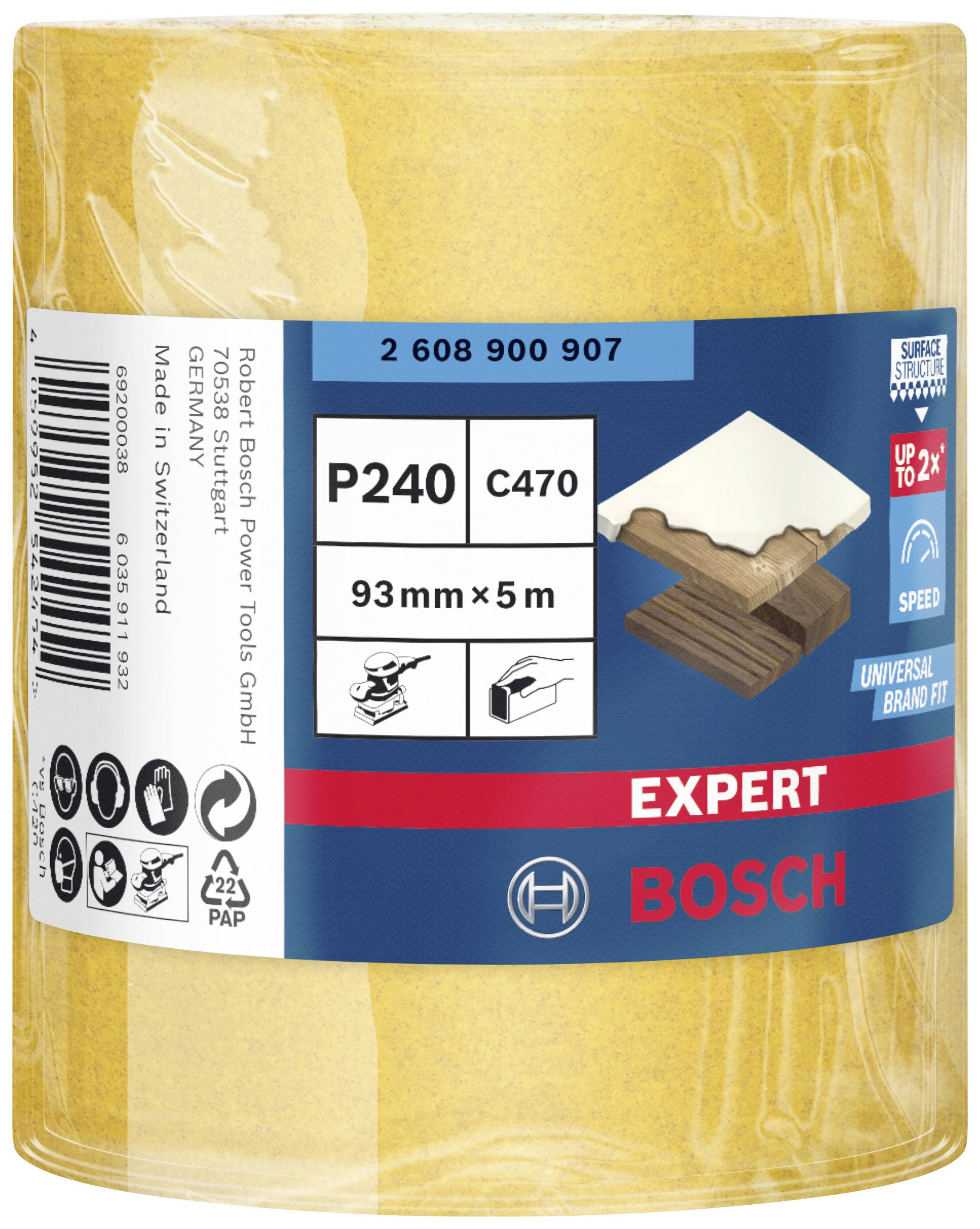 Rouleau de papier de verre Bosch facile à monter, grain P240, largeur de 93 mm, longueur de 5 m, adapté à diverses surfaces.