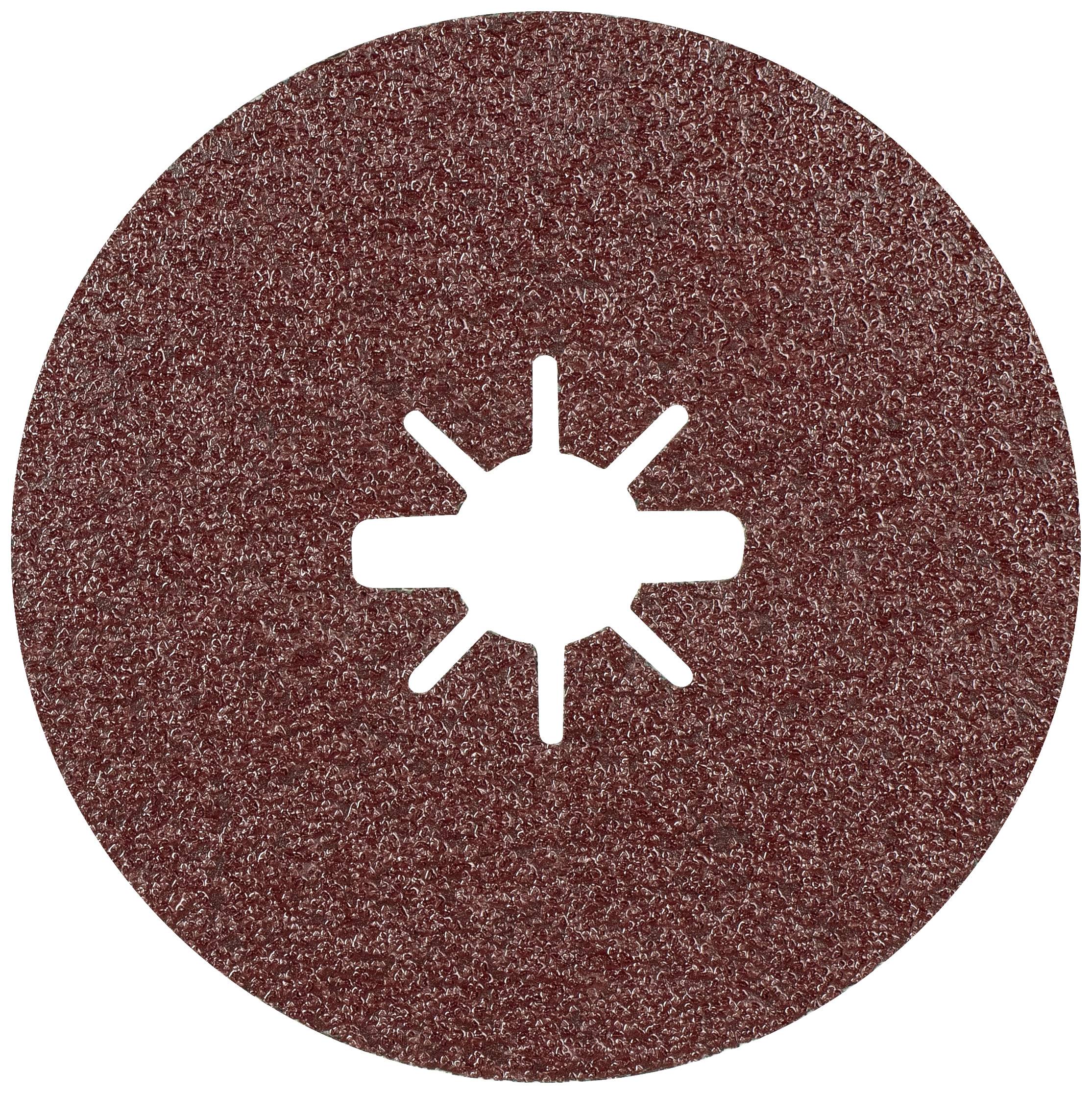 Disque abrasif marron avec une ouverture centrale en forme d'étoile. Utilisé pour lisser les surfaces dans l'artisanat et l'industrie.