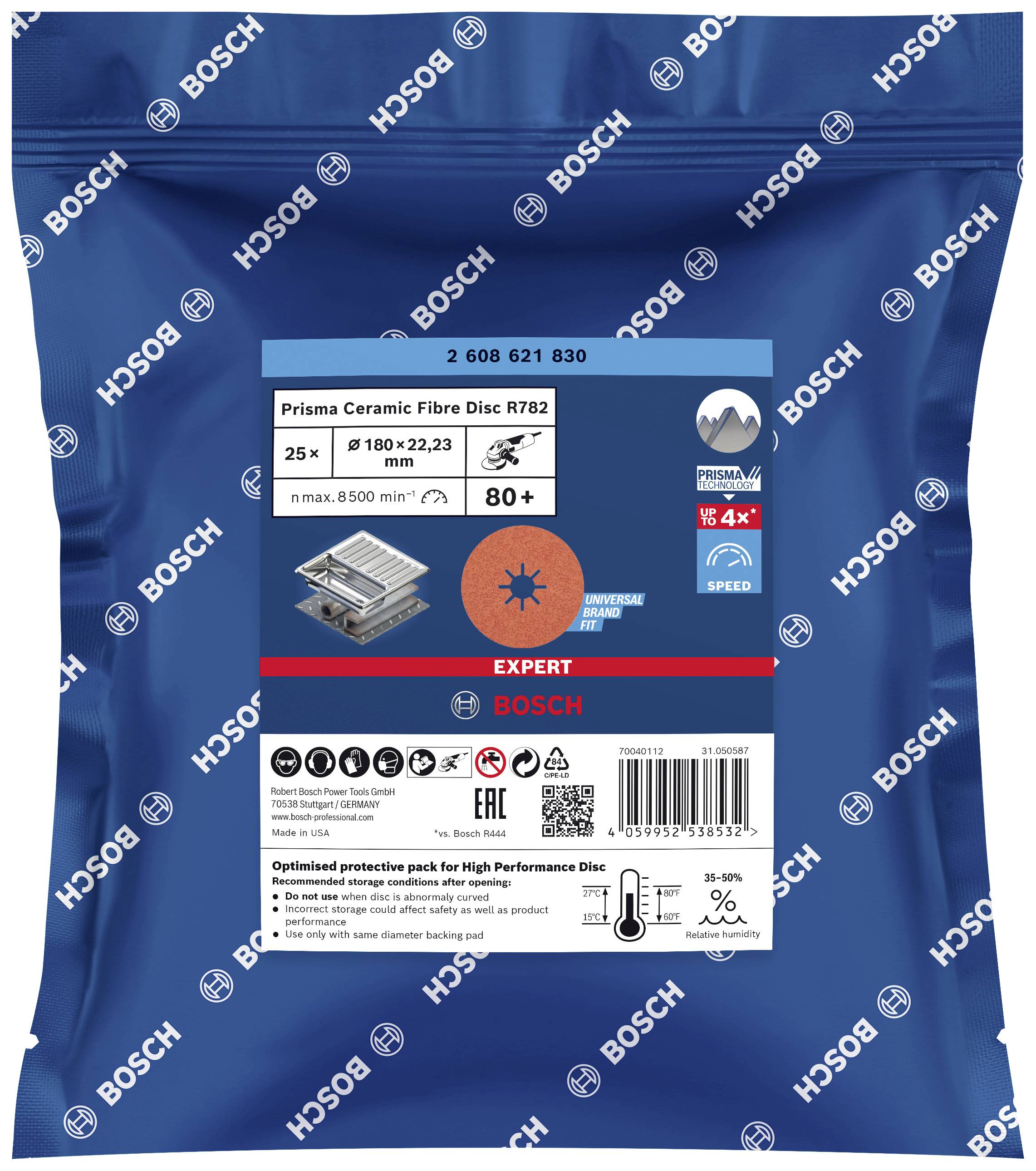 Un emballage bleu de Bosch contenant un disque à fibres céramiques Prisma R782, lot de 25 pièces, diamètre de 180 mm, destiné aux applications à haute performance.