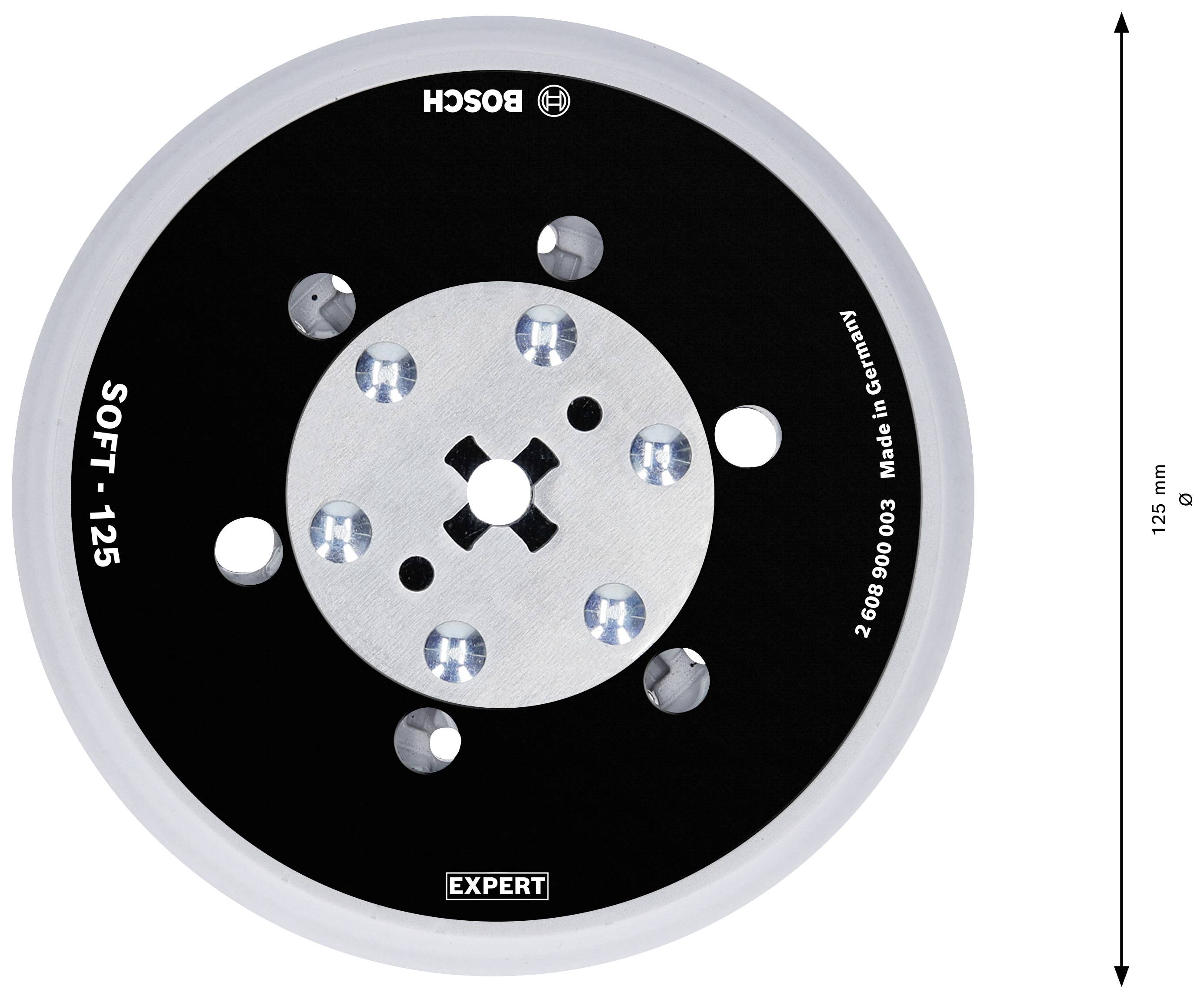 Disque abrasif 'Bosch Soft Pad 125 mm' avec six trous et centre noir. Utilisé pour le ponçage avec des meuleuses d'angle.