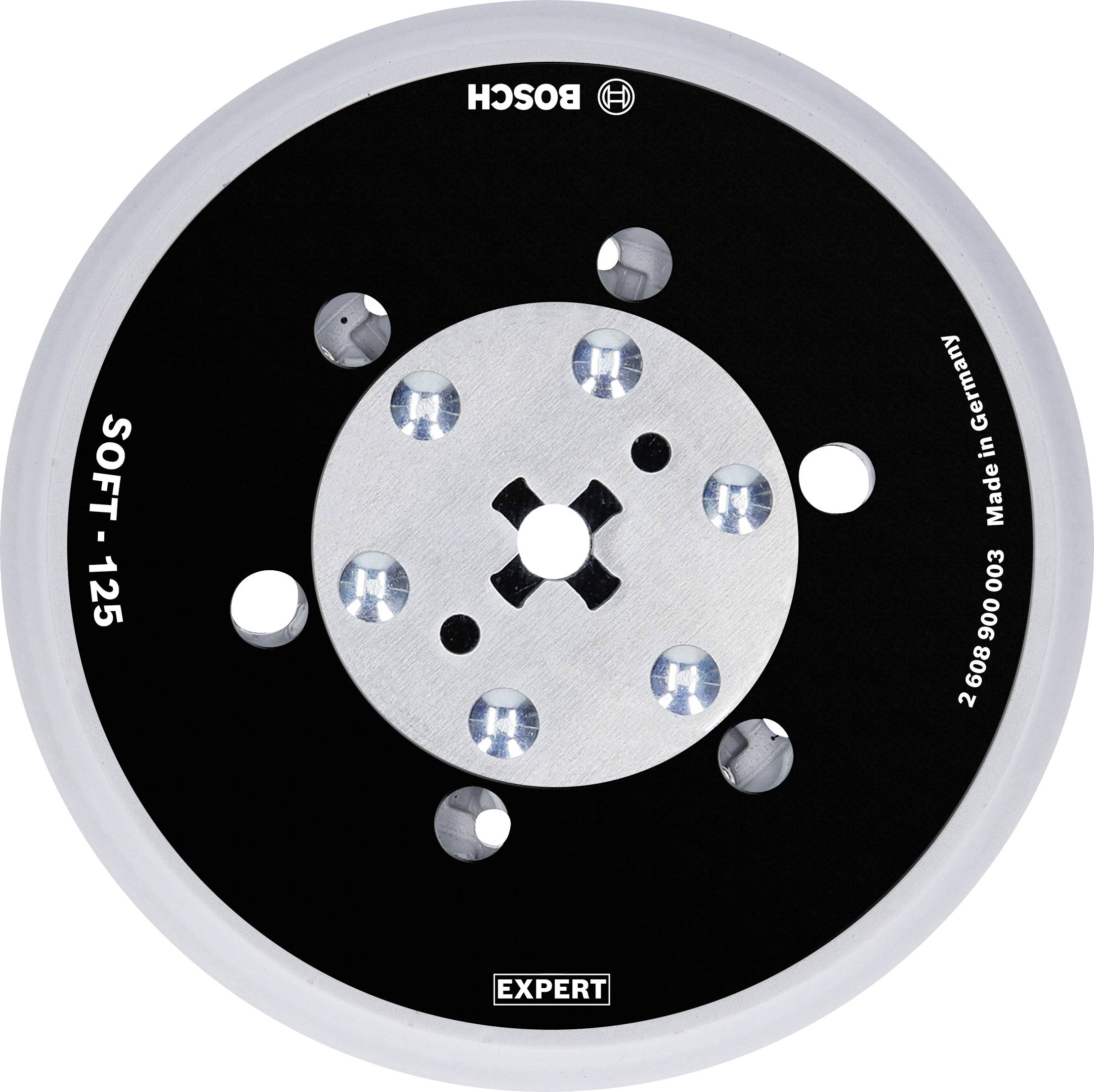 Disque de ponçage Bosch 'Expert' de 125 mm de diamètre, version souple, adapté aux machines de ponçage, fabriqué en Allemagne.