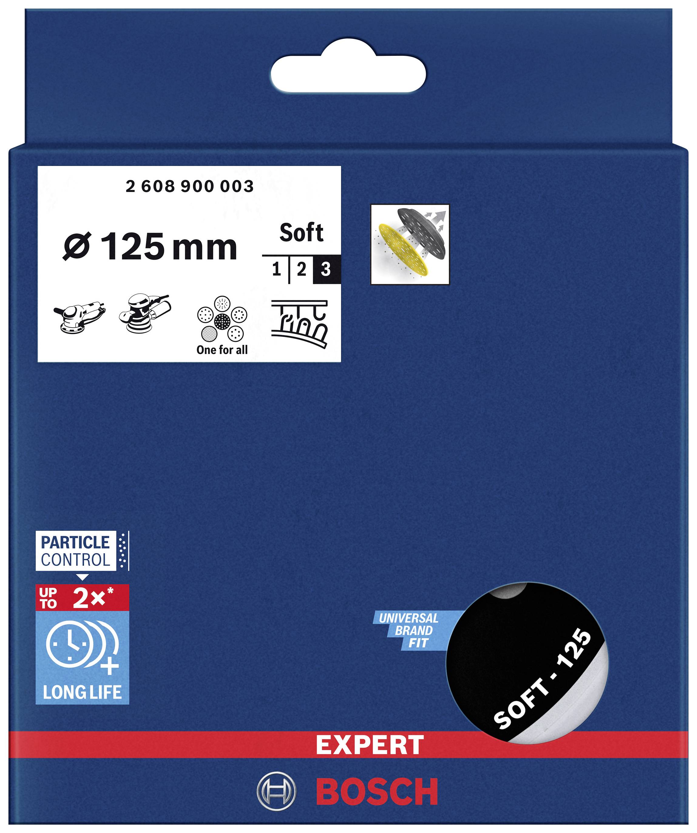 Emballage d'un disque à poncer Bosch Expert, diamètre de 125 mm, marqué 'Soft', avec des pictogrammes indiquant les applications appropriées.