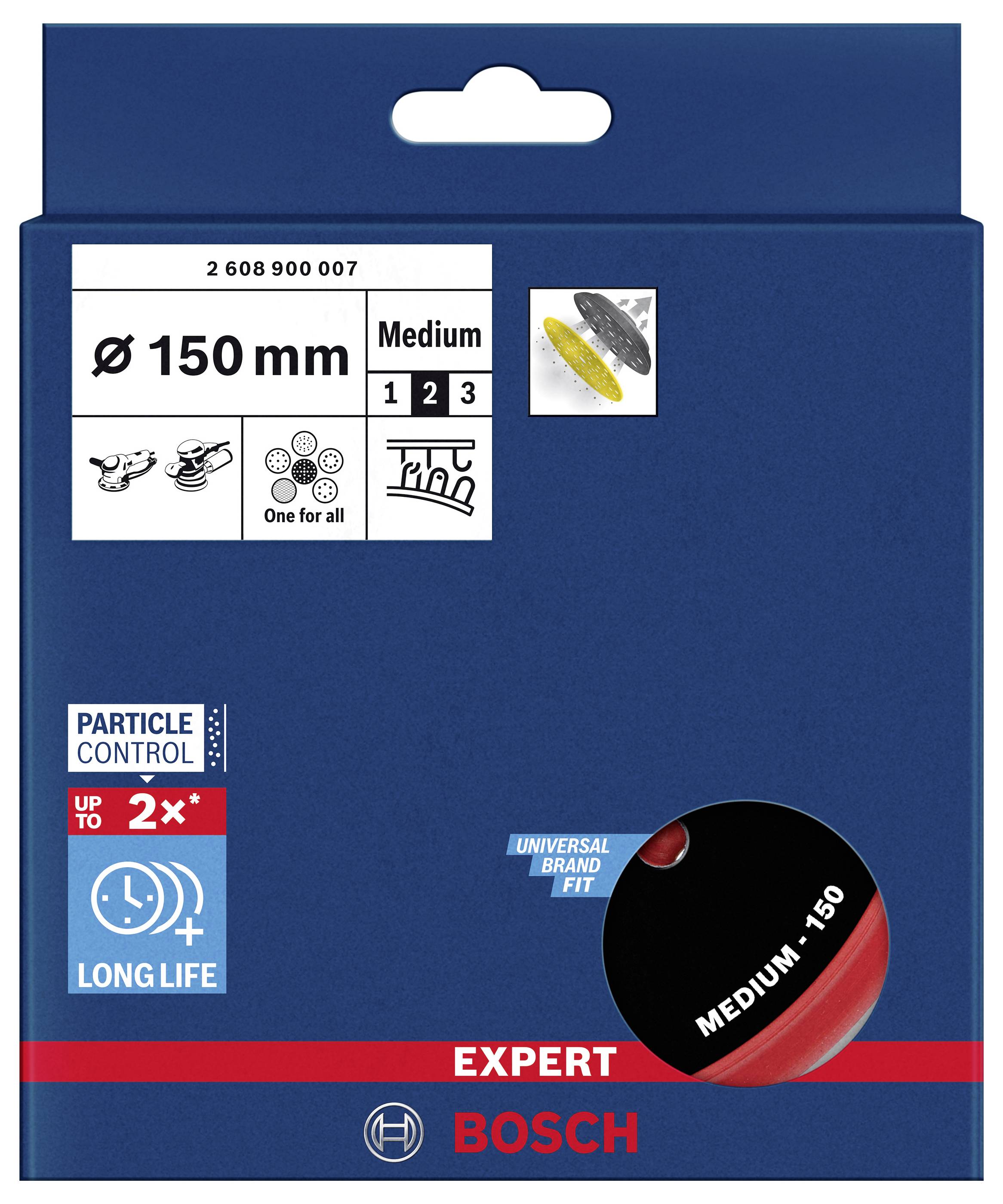 Emballage d'un disque de meulage Bosch. Indique un diamètre de 150 mm, degré de dureté 'Medium 150', compatible avec différentes marques.
